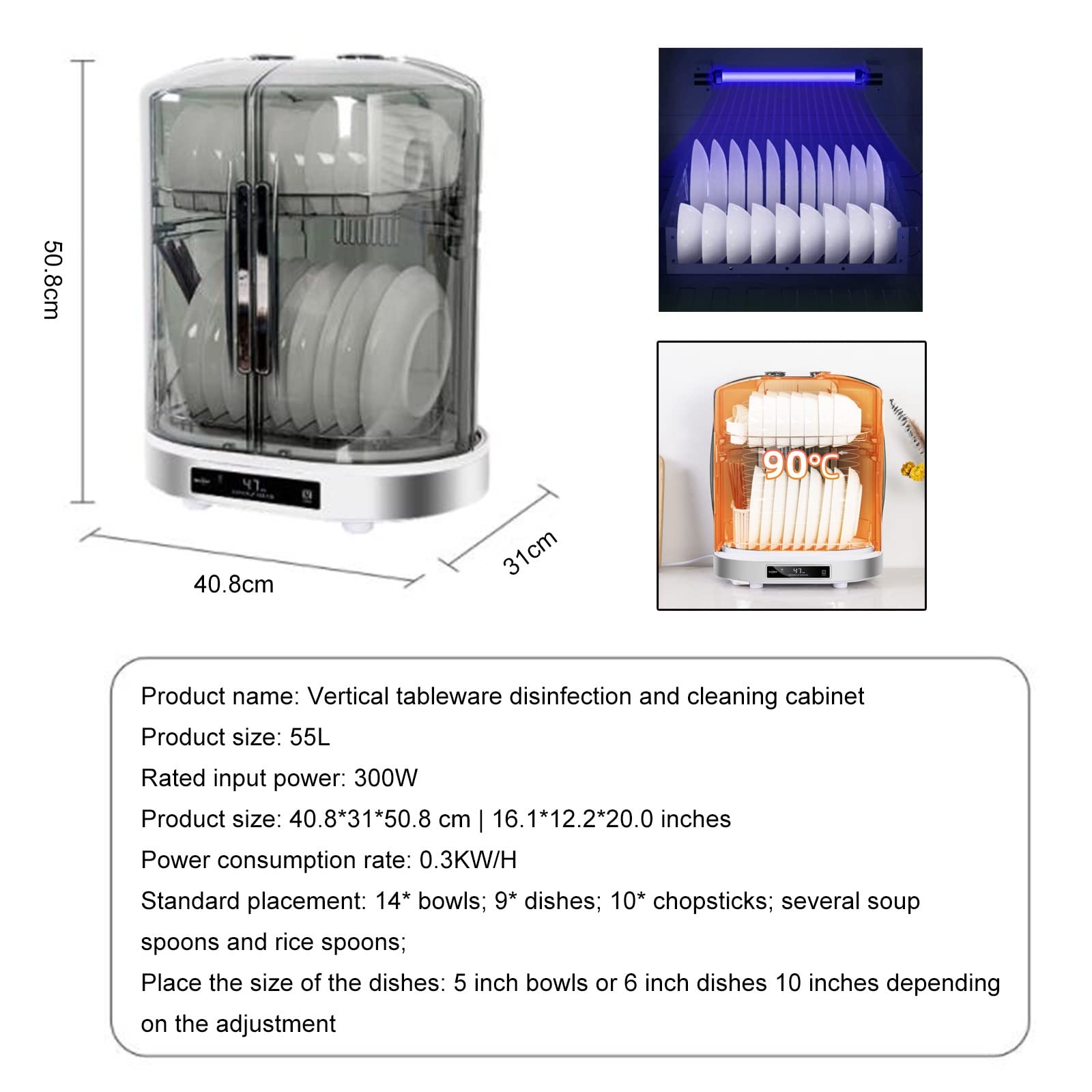 Armadietto per disinfezione da cucina, sterilizzatore e detergente verticale per stoviglie, armadio da scrivania con illuminazione per una facile igienizzazione degli utensili da cucina