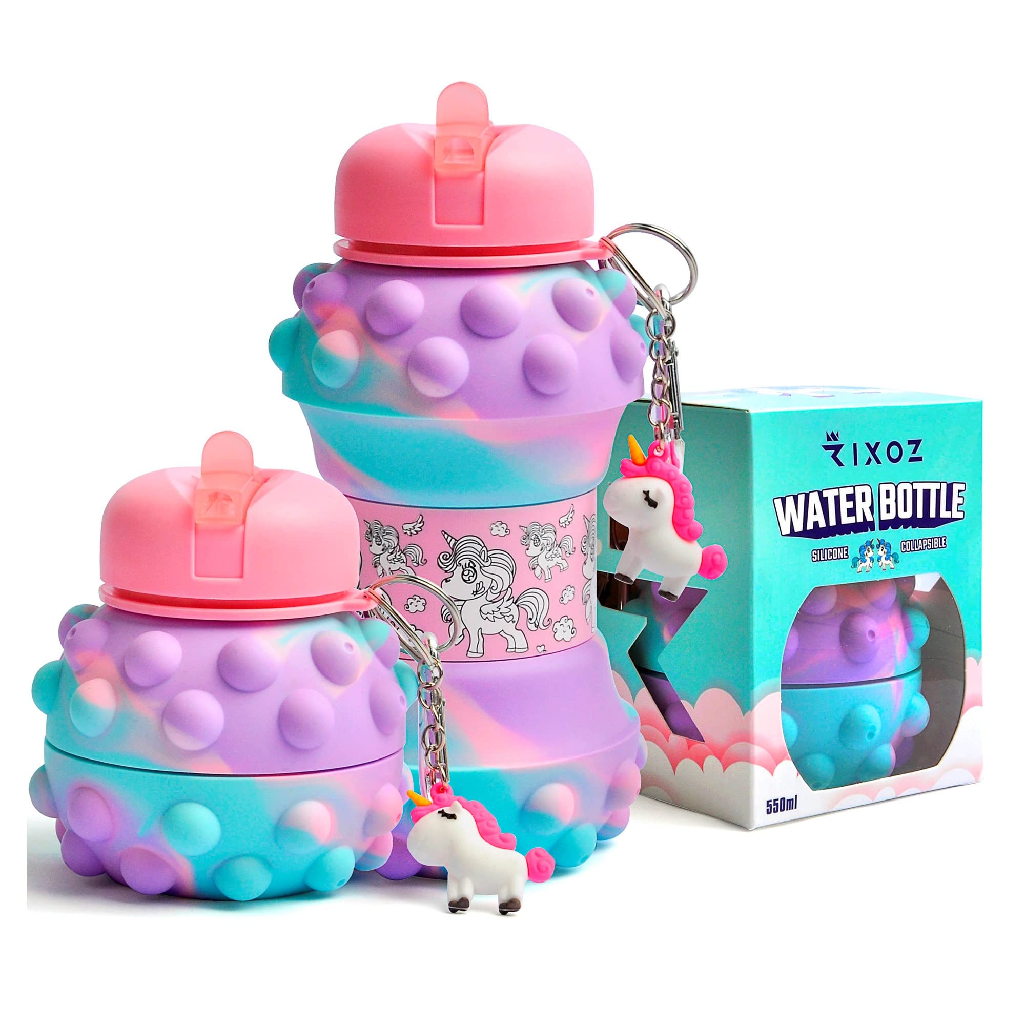 Unicorn Pop It Water Bottle - 550ml Silicone Collapsible Unicorn Pop It Water Bottle With Keyring For Kids