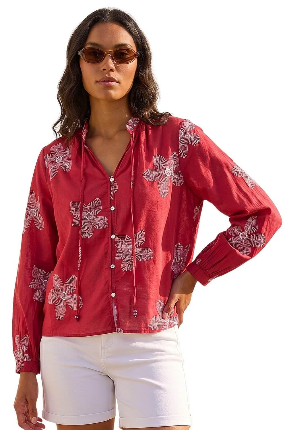 Roman Originals Ruffle Front Tie Neck Blouse for Women UK - Ladies Everyday Autumn Winter Round Neckline Comfy Soft Evening Vacation Work Party Night Out - Floral Burgundy - Size 20