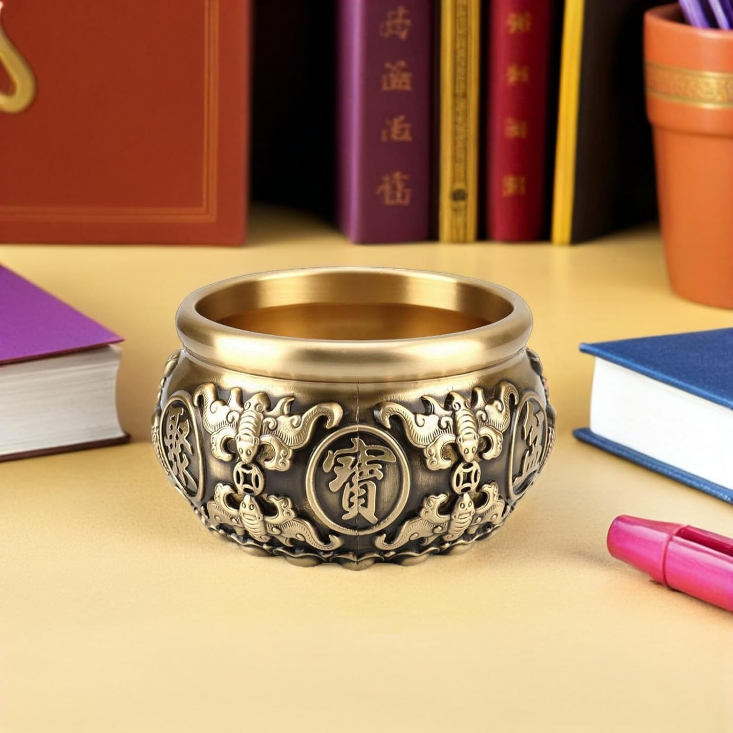 Brass Feng Shui Money Bowl 14cm Chinese Treasure Basin for Office and Home Decor Good Luck Wealth Success Offering Decorative Bowl