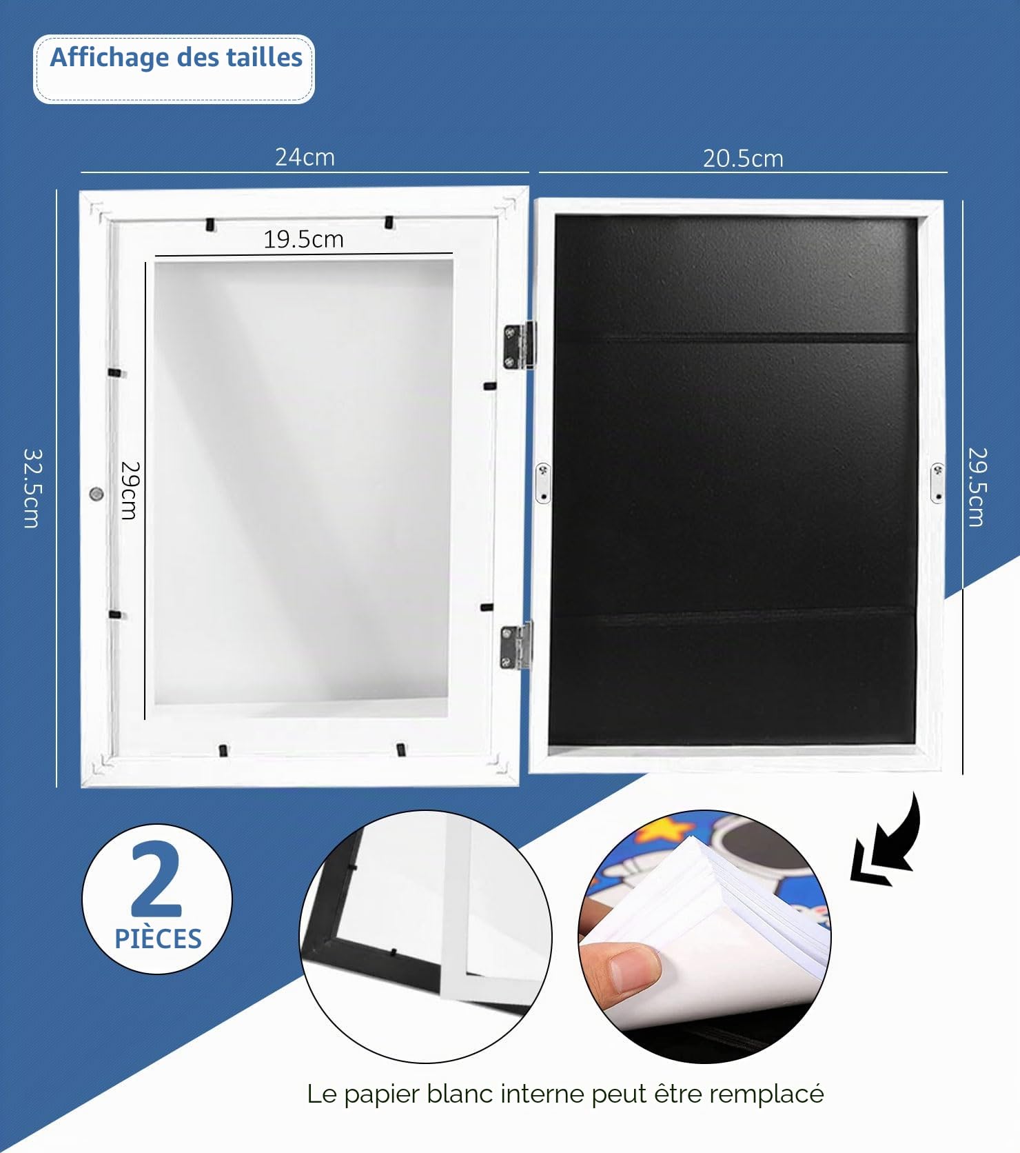 Lot de 2 cadres photo d'art pour enfants - Format A4 - Charnières en bois - Remplissables - Ouverture avant - Idéal pour dessins et projets artistiques, école