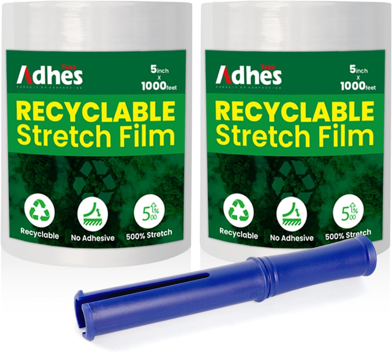 Adhes Recyclable Stretch Wrap Film 5 Inch x 1000 Feet, 2 Rolls with Handle, Heavy Duty Plastic Pallet Wrap for Moving, Packing, Shipping, Eco-Friendly, Tear Resistant, Self Adhering Clear Film