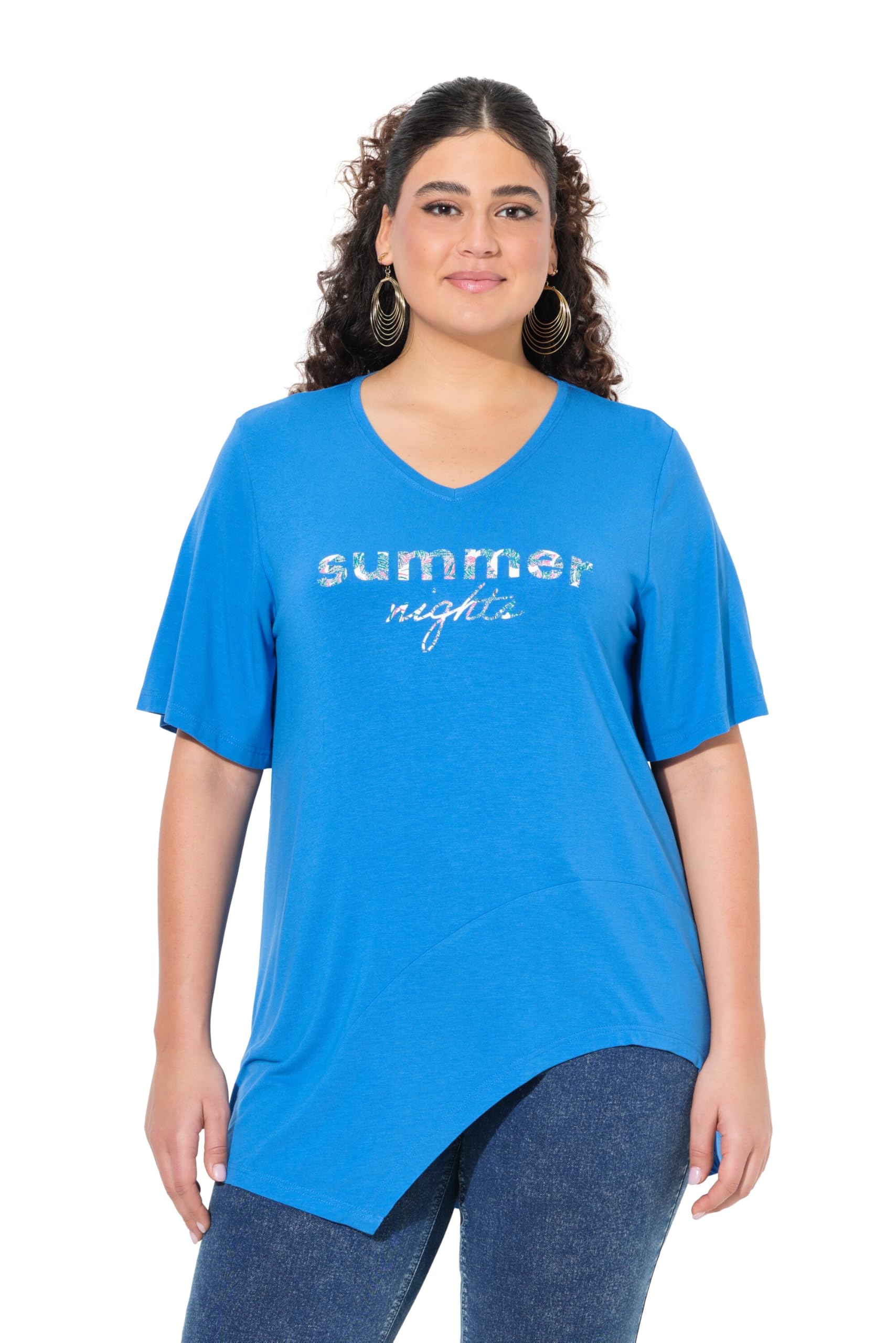 Ulla Popken Damen große Größen Übergrößen Plus Size T-Shirt, Schriftzug, Volant, V-Ausschnitt, Halbarm 838618