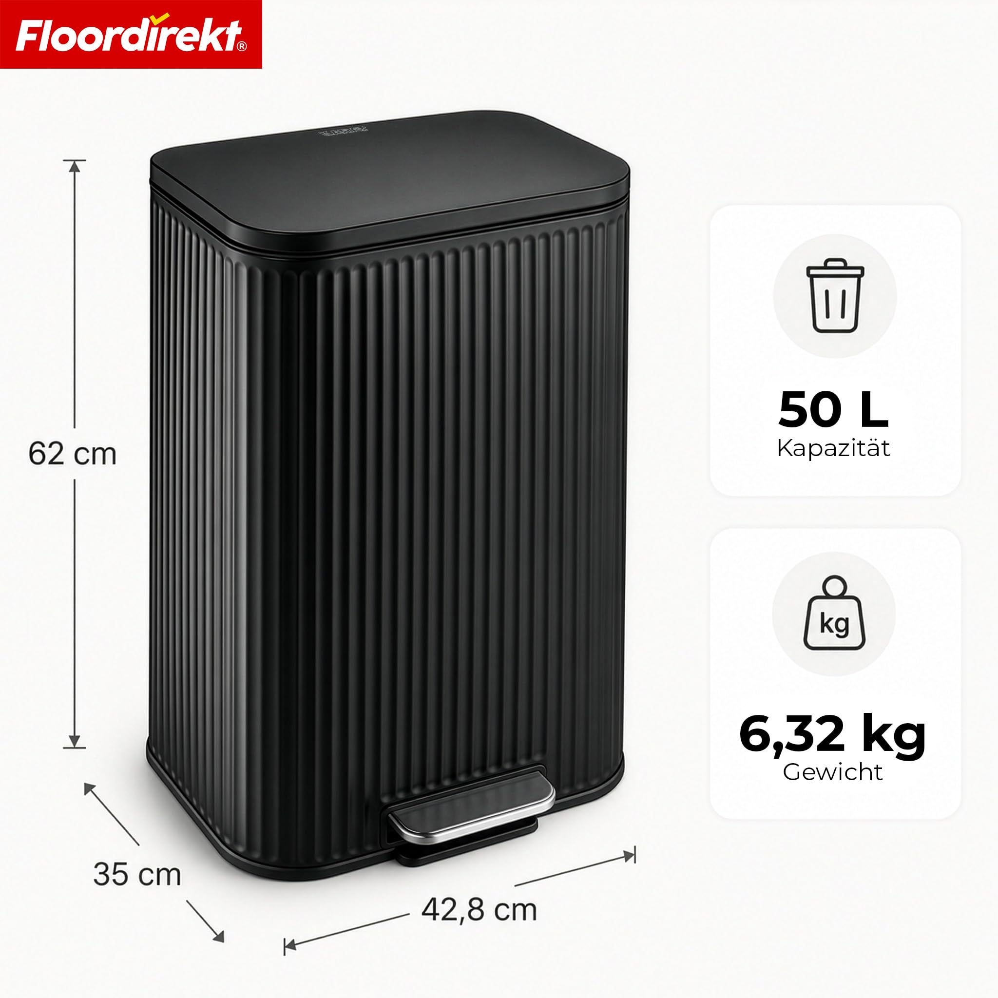 Floordirekt Mülleimer Küche, Liter, Abfalleimer, Treteimer, mit Deckel, Softclose, Fußpedal, Stahl, Inneneimer | Miles | Schwarz | 50 L
