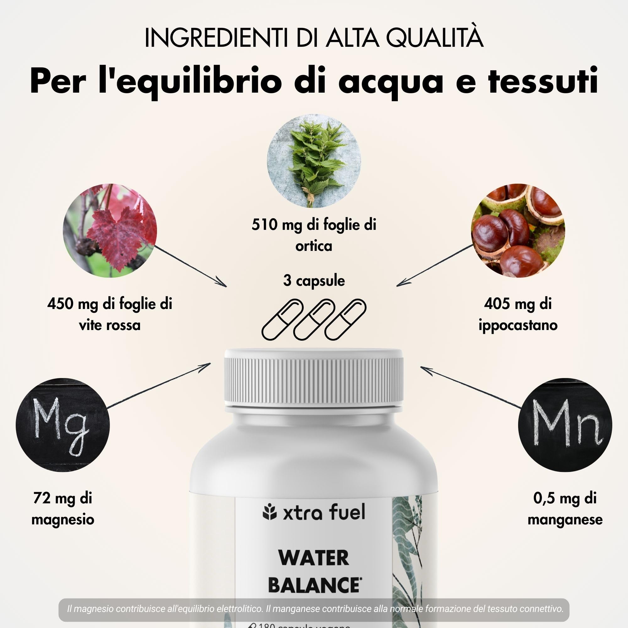 Complesso Water Balance - 180 compresse vegane ad alto dosaggio per la formazione del tessuto connettivo - Capsule di ortica con foglie di vite rossa, ippocastano, magnesio e manganese