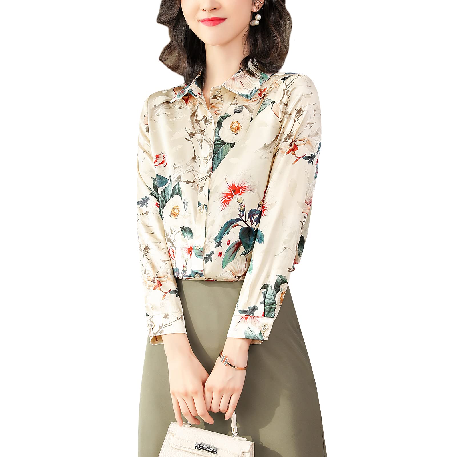 Valin Blusa de seda para mujer con estampado de botones camisas de mujer blusa de manga larga solapa blusa de seda,S6616