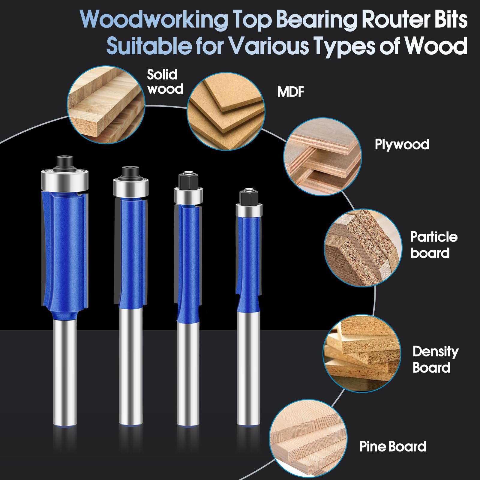 Obere Lagerfräsen-Bit, 1/4-Zoll-Schaft, gerader bündiger Schnitt, 4-teiliges Hartmetall-Fräser-Bits für Holzbearbeitung, Musterfräser, bündiges Trimmen, ideal zum Trimmen von Laminaten