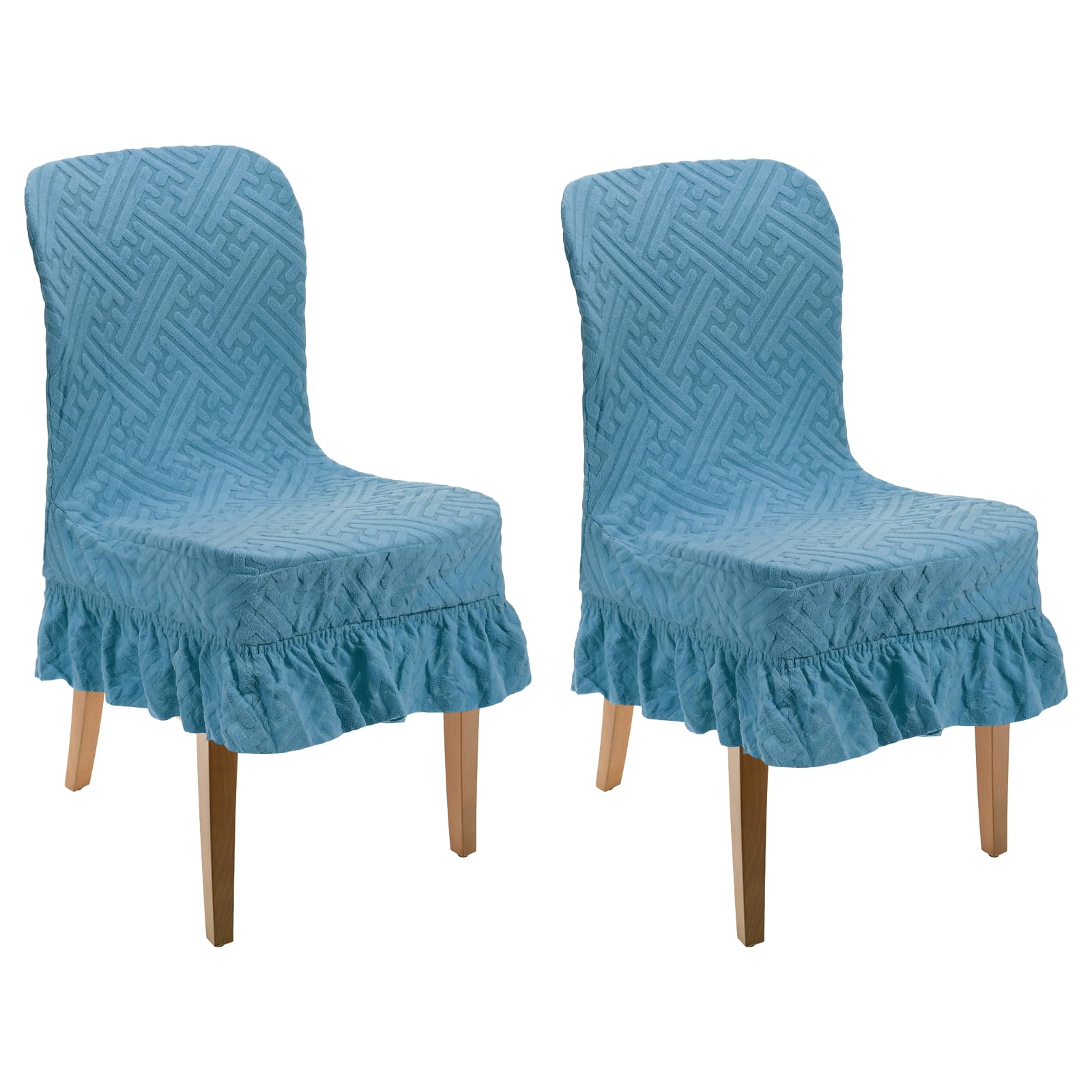 Housses de chaise extensible en flanelle bleue avec jupe pour salle à manger - Lot de 2