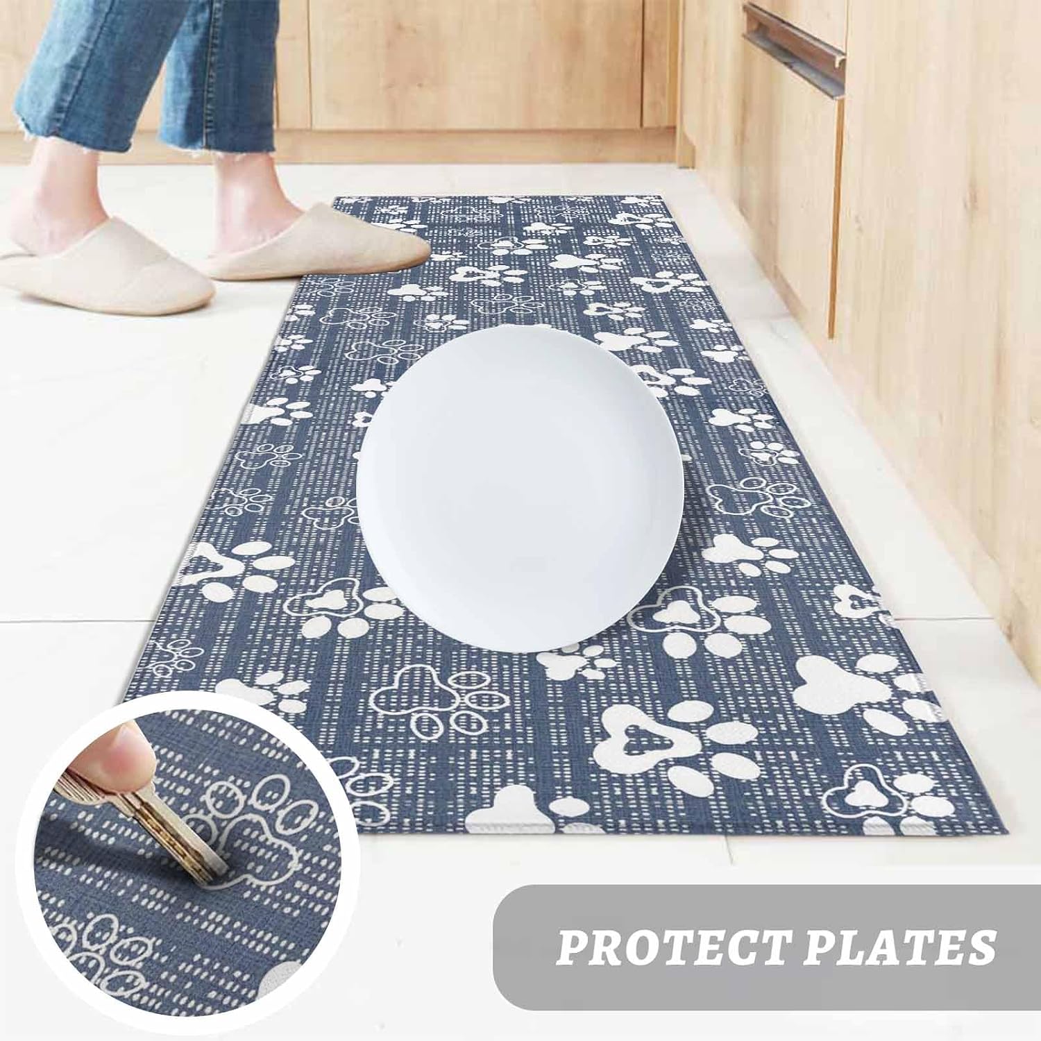Kitchen Mats for Floor Abstract Dog Paw Navy Blue Washable Non Slip Kitchen Rugs 2PCS, Cartoon Prints Seamless Absorbent Standing Mats for Sink Bathroom Office Living Room 15.7x23.6in+15.7x47.2in