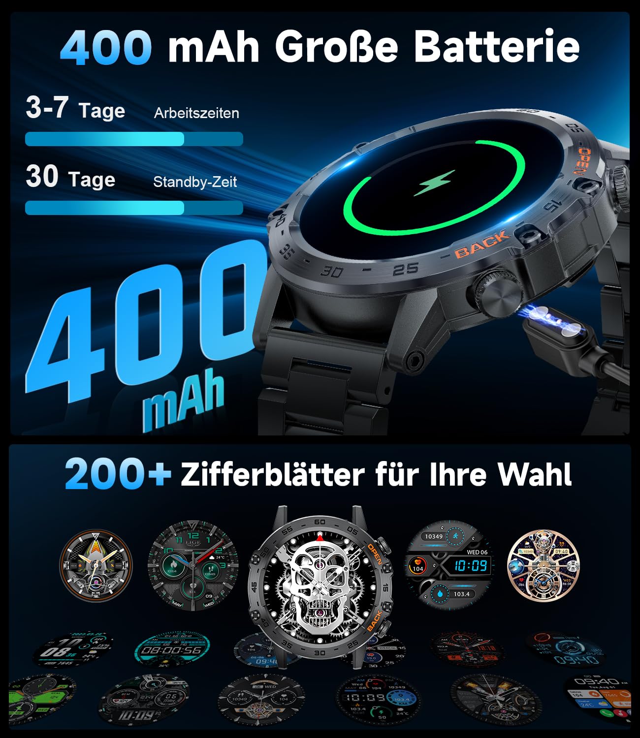 LIGE Montre Connectée Homme 30M Étanche 400 mAh 1,39" HD Smartwatch Appels Bluetooth Moniteur de Sommeil Podomètre Sports de Plein Air Android iOS