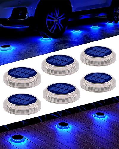 Miniatura 7 de Paquete de 6 luces solares para entrada al aire libre IP68 impermeables, luces azules para escalones de cubierta alimentadas por energía solar,