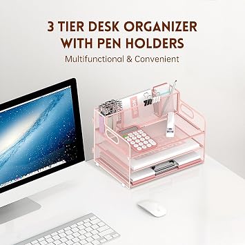 3 Tier Desk Organizer with Handle & 3 Pen Holders, Mesh Paper/File Organizer for Desk, Paper Letter Tray Organizer for Office Supplies (Pink)