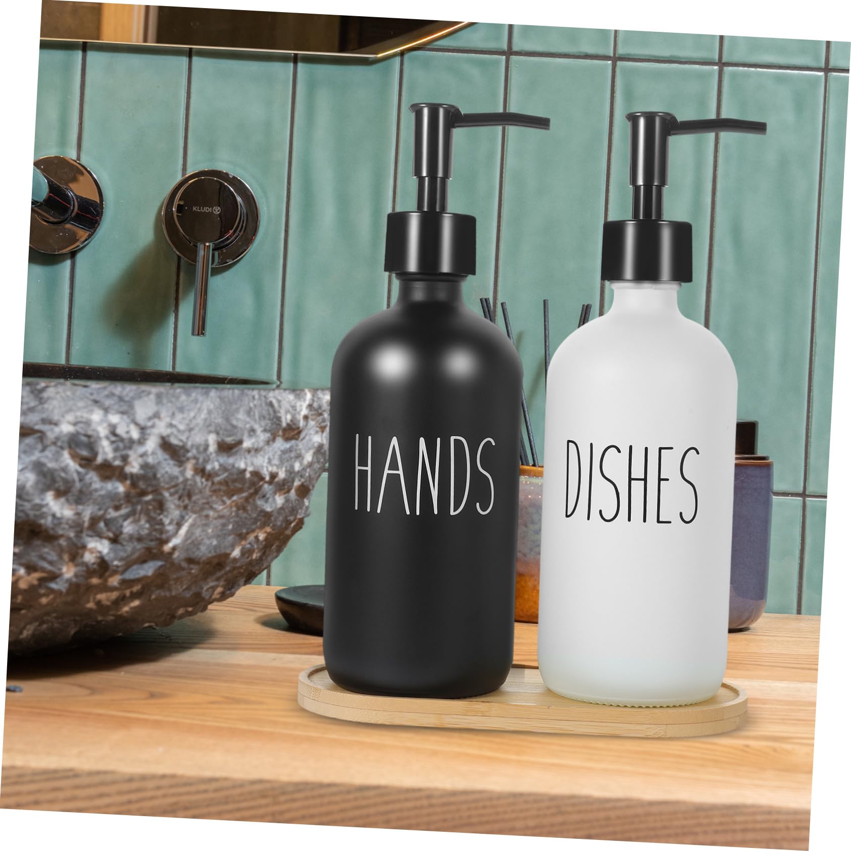 Dispensador de Jabón Líquido de Vidrio 500ml, Juego de 1 con Bandeja de Bambú, Reutilizable, para Baño y Cocina, Fácil de Presionar