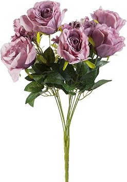 Enova Floral 1pc 20" Mixed Artificial Silk Roses Bush Faux Flowers for Home Garden Office Vase Wedding Decor Purple