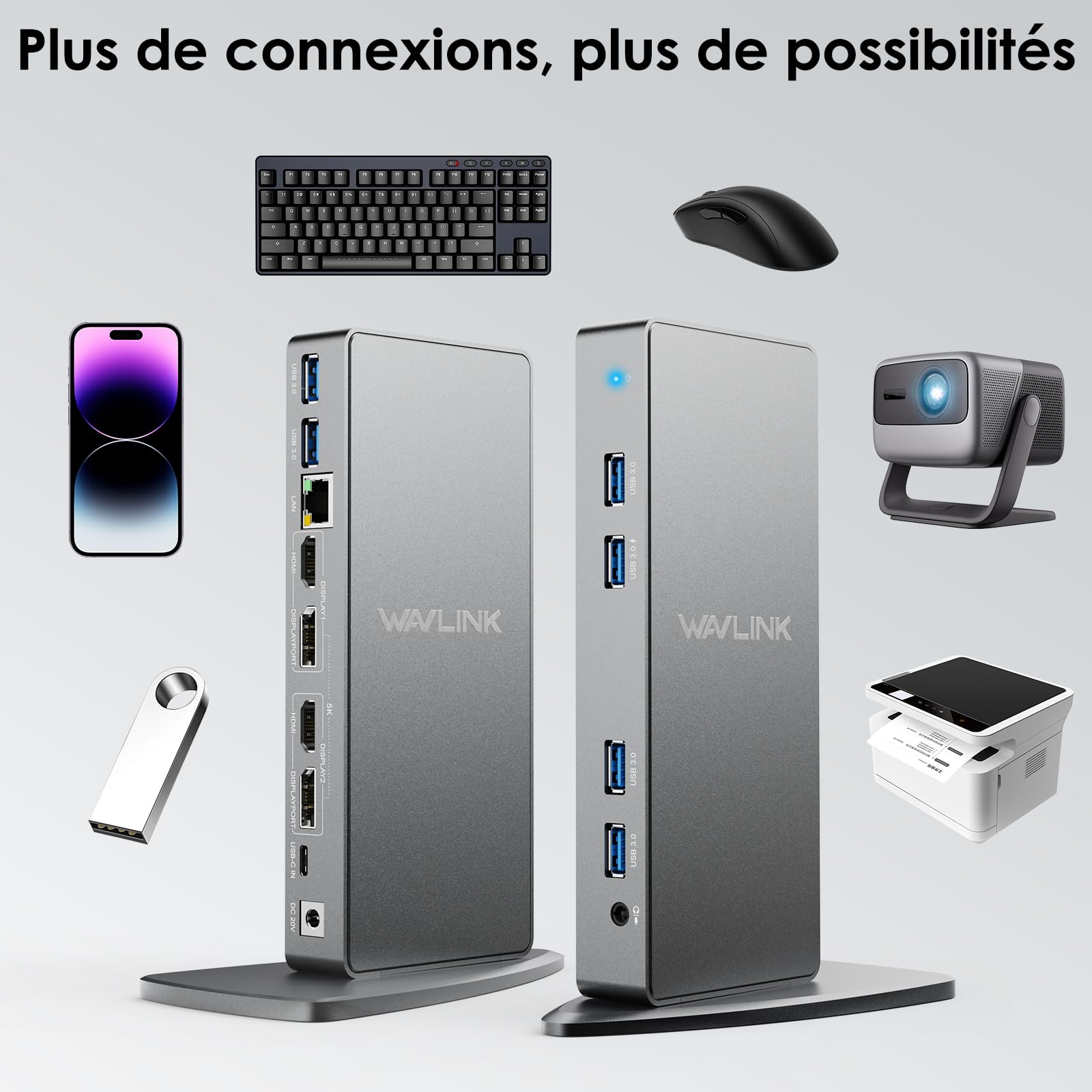 WAVLINK Station d'accueil Displaylink, Station d'accueil Universelle USB C avec 2 × HDMI & DP, Ethernet Gigabit, 6 × USB 3.0, Audio, Microphone, Compatible avec Mac OS et Windows