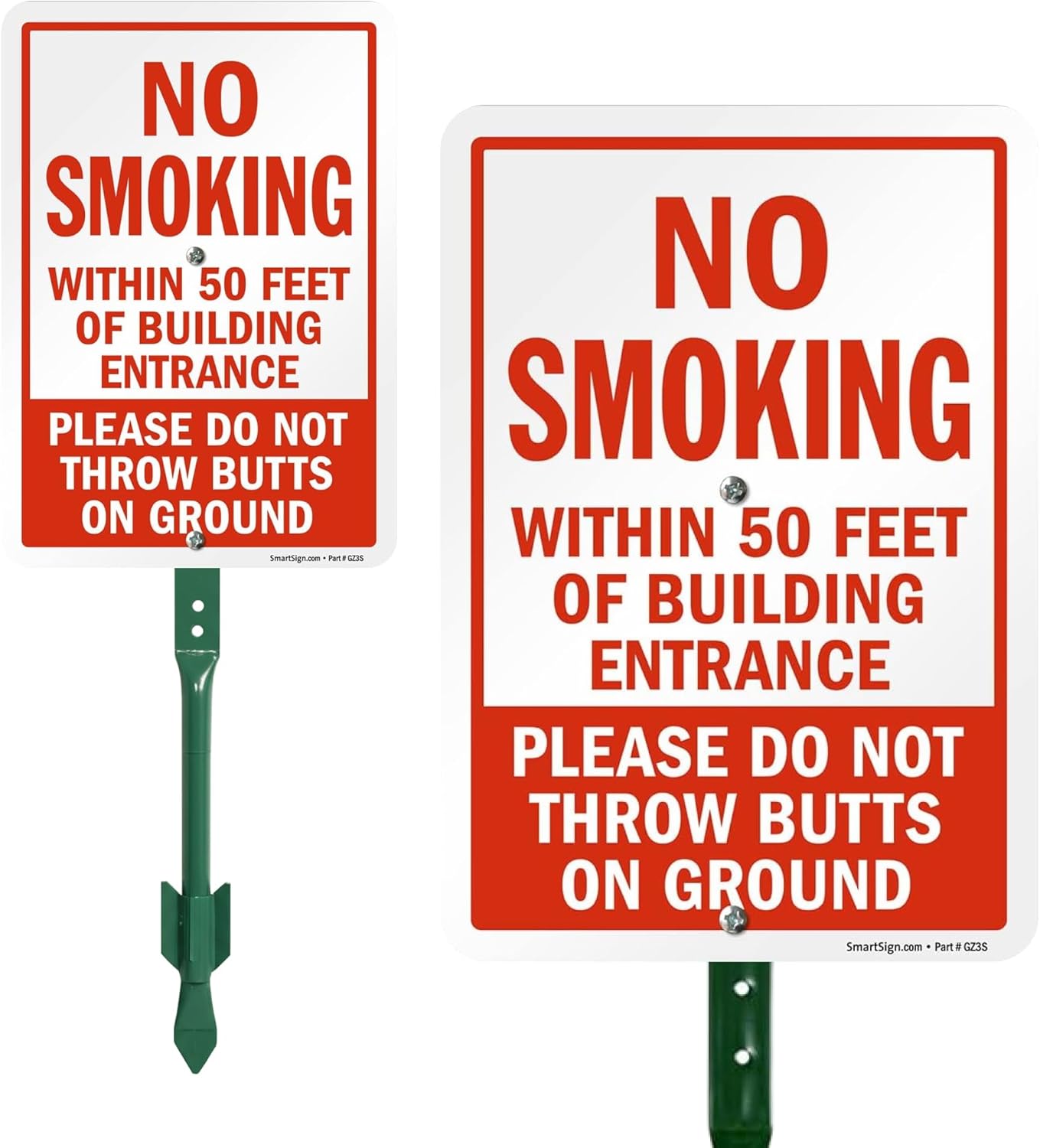 SmartSign 10" x 7" 'No Smoking Within 50 Feet Of Building Entrance - Do Not Throw Butts On Ground' Yard Sign and 18 inch Stake Kit, 40 mil Laminated Aluminum, Red and White
