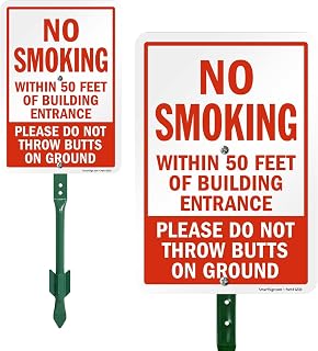 SmartSign 10" x 7" 'No Smoking Within 50 Feet Of Building Entrance - Do Not Throw Butts On Ground' Yard Sign and 18 inch Stake Kit, 40 mil Laminated Aluminum, Red and White, USA-Made