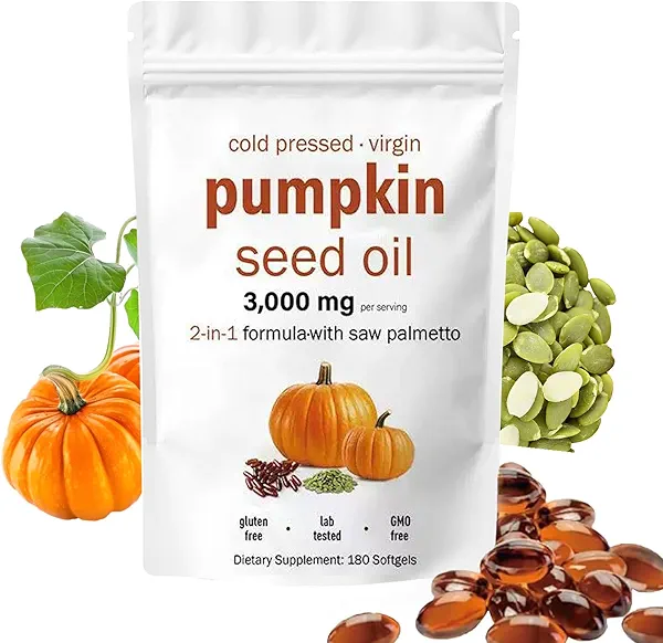 EOQIFJM Pumpkin Seed Oil Capsules with Saw Palmetto – 3000mg per Serving, 180 Softgels | Cold Pressed, Pure Virgin Oil | Supports Hair, Urinary, Bladder & Prostate Health | Non-GMO