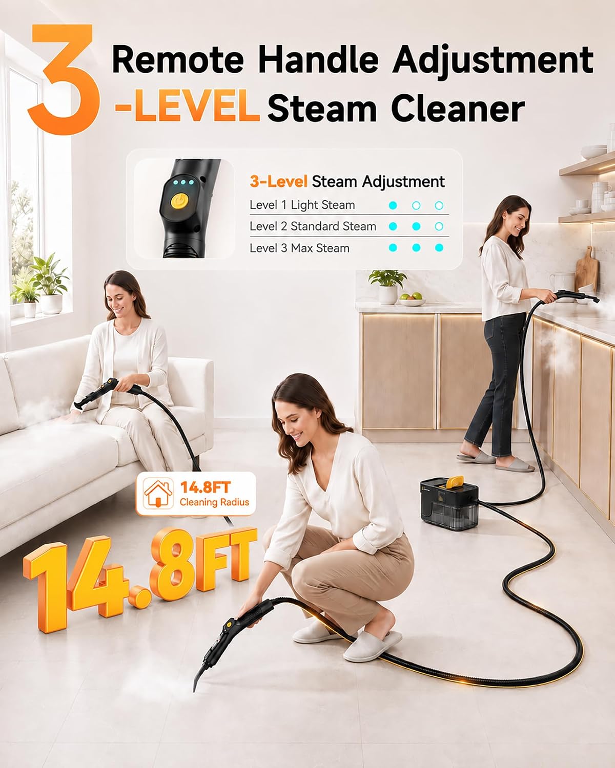 Gautye G1 Pro Steam Cleaner with 3-level handle and 14.8ft cleaning radius