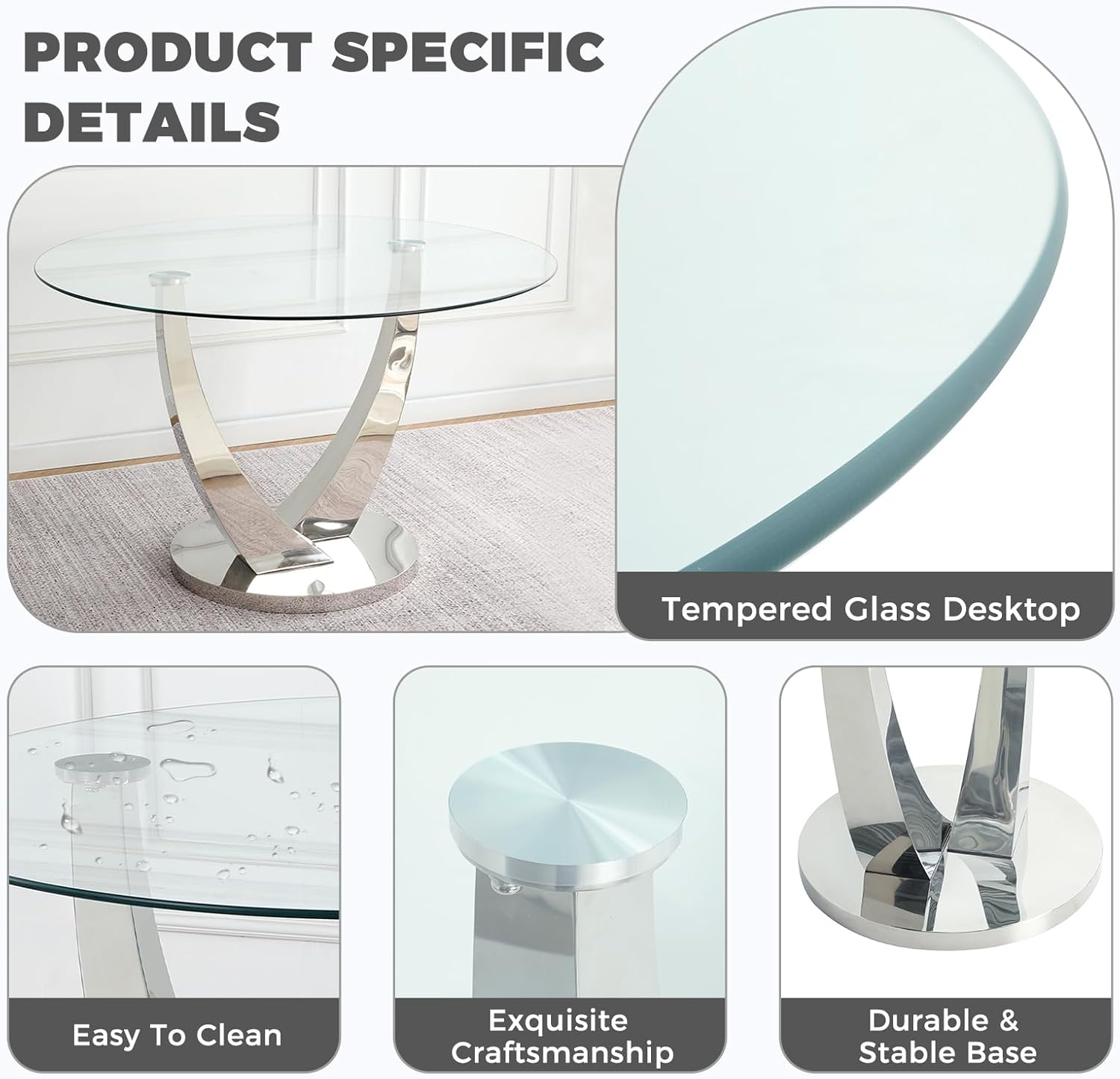 47.2 Inch Round Glass Dining Table Set for 4, Silver Round Kitchen Table with 4 Upholstered Velvet Accent Chairs, 5 Piece Modern Dining Room Set, for Home, Apartment, Kitchen - Beige Chairs