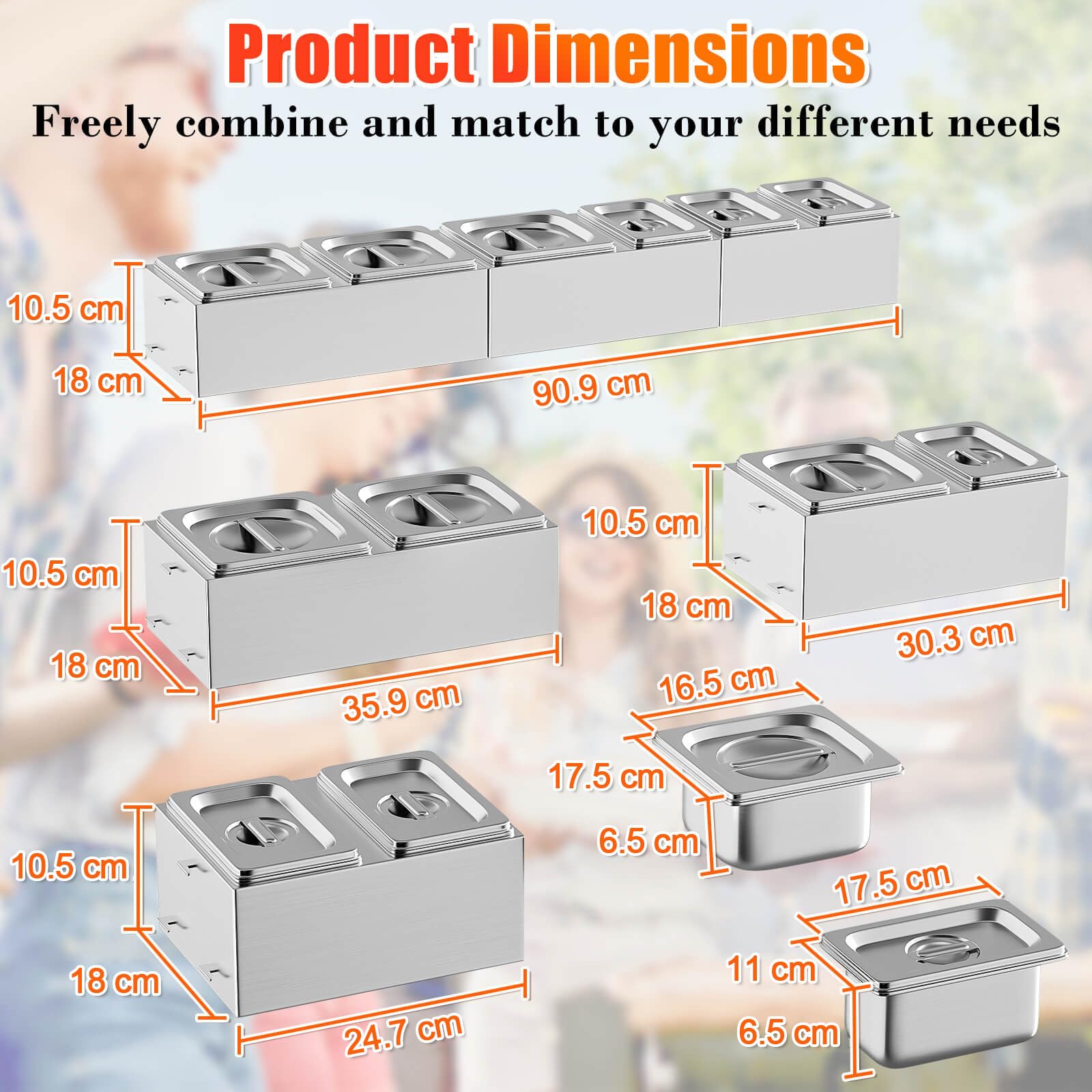 GFTIME Stazione per condimenti per pizza in acciaio inox, contenitore per ingredienti per pizza, contenitore per contorni, rettangolare, multi-scomparto, 39 cm, confezione da 6