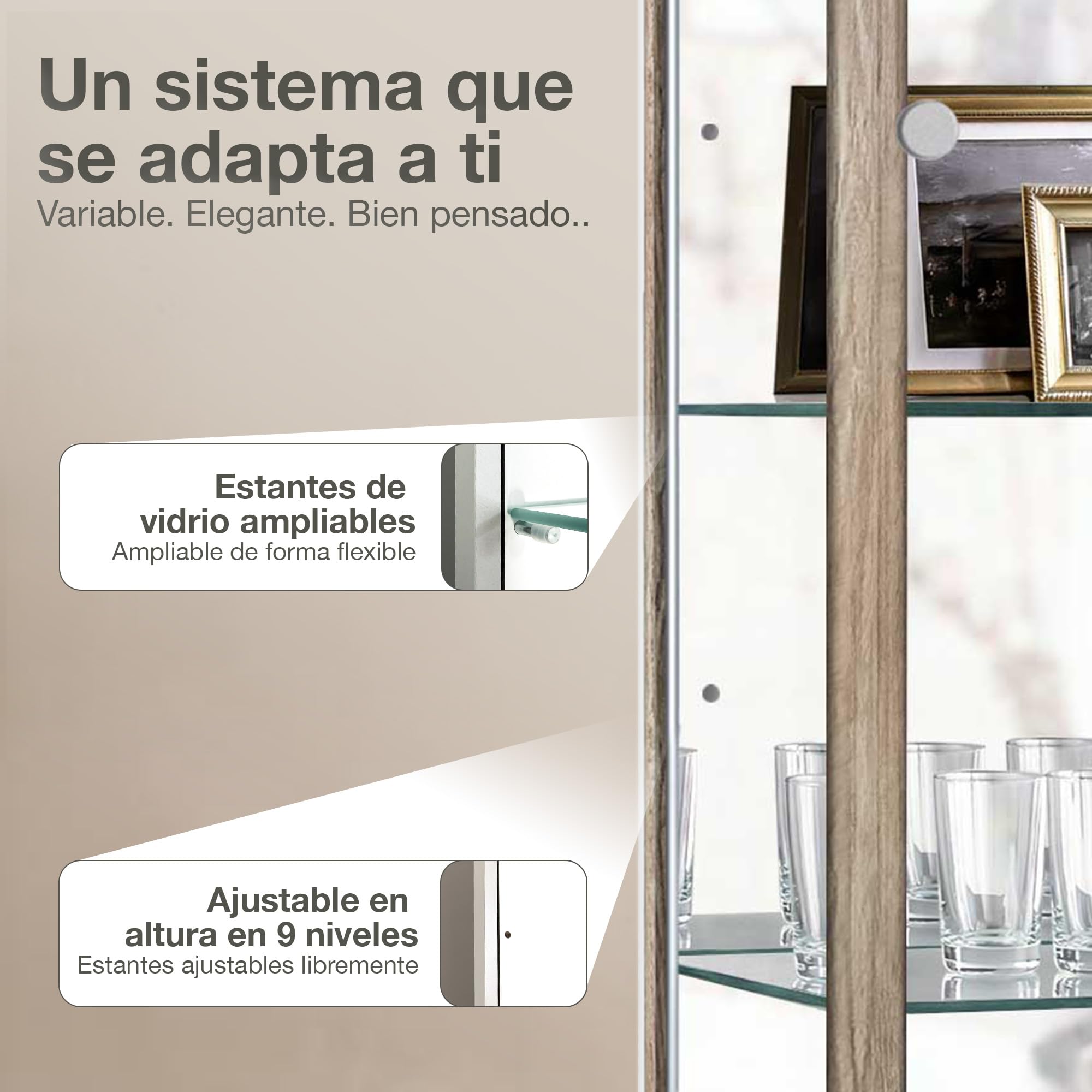 Vitrina de Sonoma (176x37x33cm) con 4 estantes de Cristal Regulables en Altura, Espejo, Cerradura, LED - Vitrina para Modelos - Vitrine de Haya de coleccionista