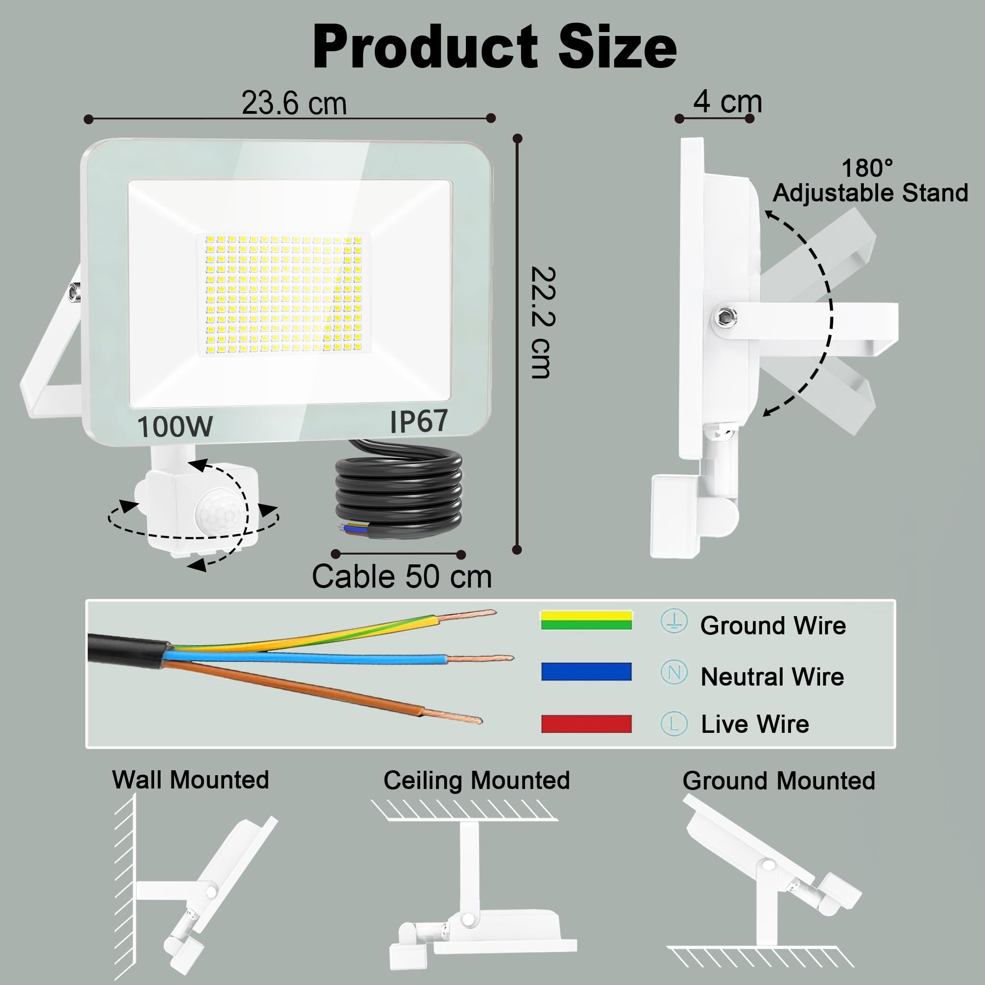 100 W LED-Außenstrahler mit Bewegungsmelder, 2 Stück, IP67, wasserdicht, LED-Spot für den Außenbereich, mit Detektor, 10000 lm, Kaltweiß, Sicherheitsbeleuchtung für den Außenbereich, für Patio, Garage