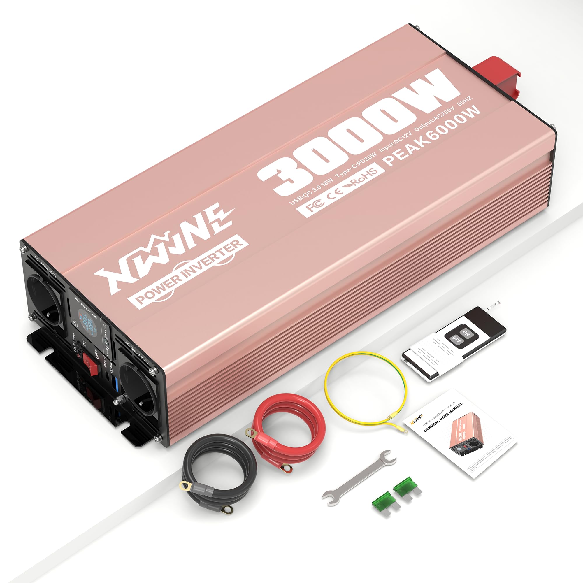 XWJNE Inversor 3000W Onda Pura 12V a 220V, Transformador de 12V a 220V con 2 Enchufes UE, 1 Puerto USB-A, 1 Puerto USB-C, Pantalla LCD, Control Remoto, Inversor de Corriente para Coche/Caravana/Camión