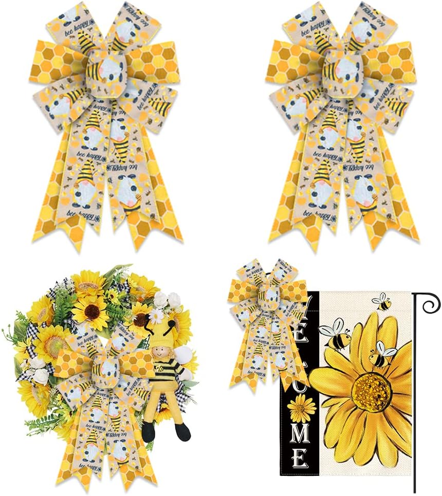2pcs Bumble Bee Day Wreath Bows Spring Dwarf Plaid Bow Yellow Black Strips Burlap Bows for Wreaths, Bee Ribbon Bows Tree Topper Bows for Bee Day Home Indoor Outdoor Decoration Wreath Ornament Supplies