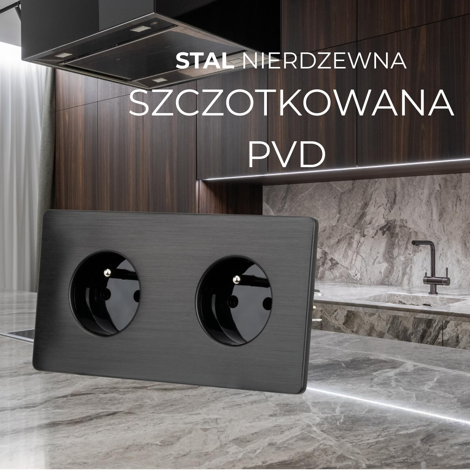 Gniazdko Elektryczne Podwójne Czarne Stal Szczotkowana PVD Black PREMIUM