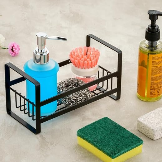 KYMIO Self Adhesive Kitchen Sink Organizer Rack | Wall Mounted Sponge Holder Basket for Detergent Bottle, Scrubber & Brush...
