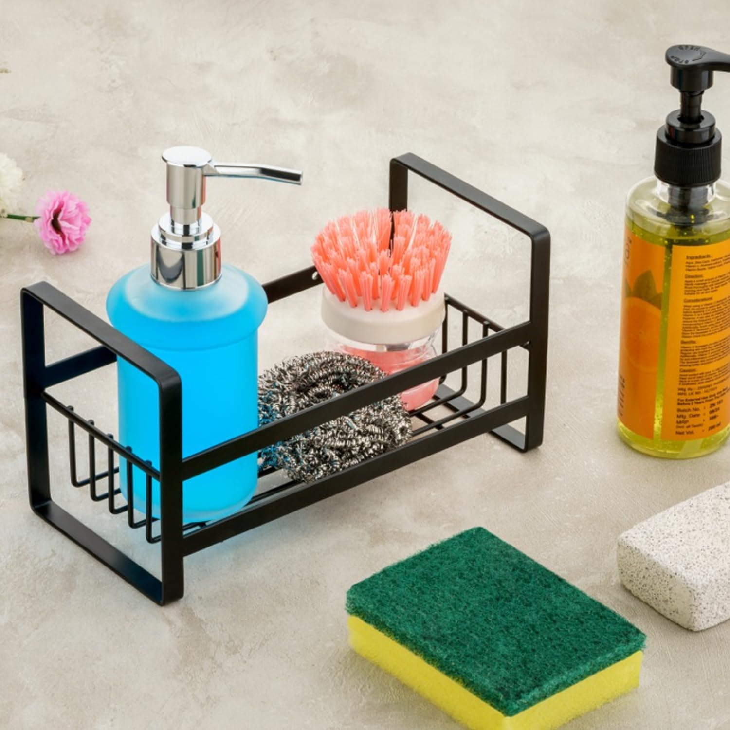 KYMIO Self Adhesive Kitchen Sink Organizer Rack | Wall Mounted Sponge Holder Basket for Detergent Bottle, Scrubber & Brush...