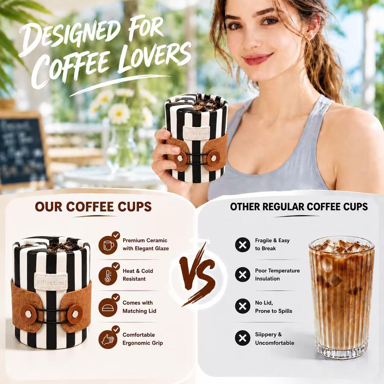 Shelprojsu 10oz Ceramic Travel Coffee Mug,Ceramic Mug with Sip hole Hand Painted Coffee Mugs with Sleeve Cup,Can Work as a Gift Ideal for Coffee Lovers (Black)