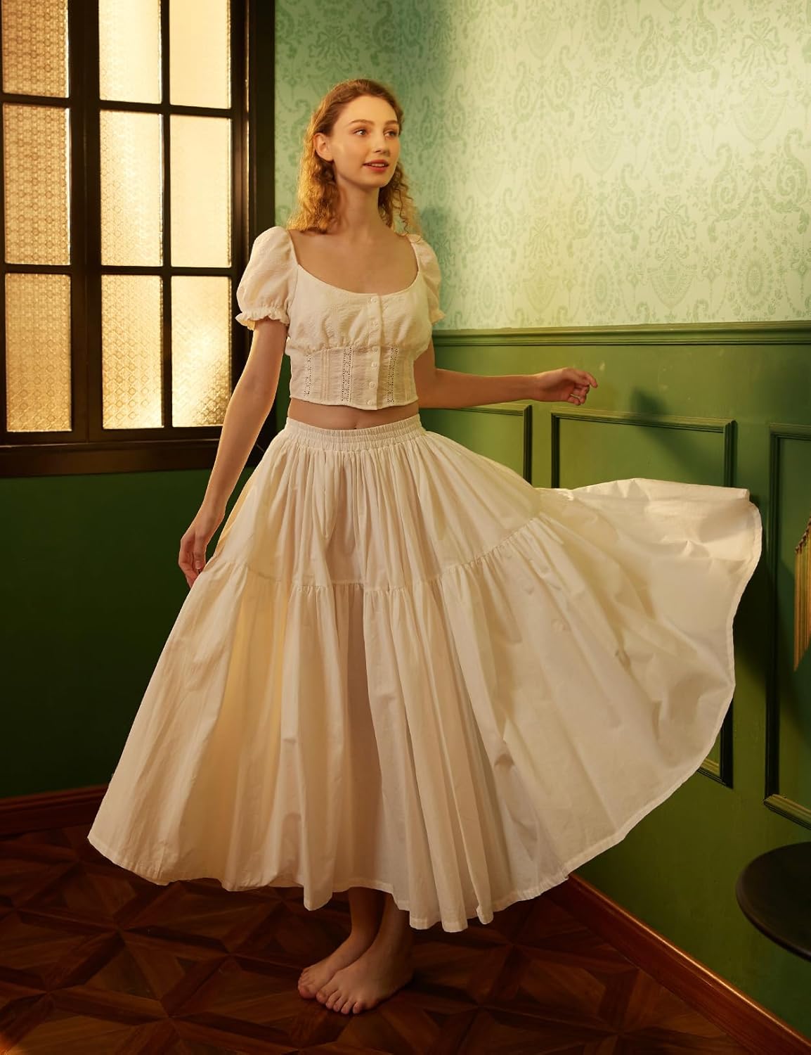 BEAUTELICATE Women 100% Cotton Maxi Skirt Elastic Waist Two Side Pocket Casual Pleated Skirt - Image 3