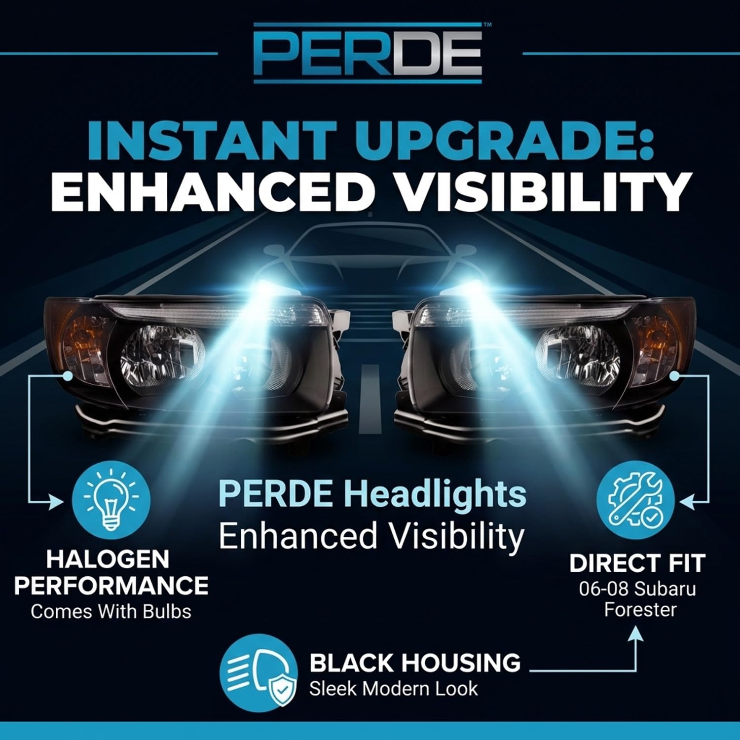 PERDE Black Housing Halogen Headlight wClear Lens Compatible with Subaru Forester 2006-2008 Includes Left Driver and Right Passenger Side Headlamps product thumbnail 4