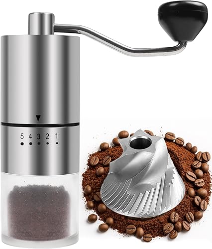 Molinillo de café manual de acero inoxidable para goteo, prensa francesa, 5 ajustes ajustables, molino de mano con rebabas integradas, para uso
