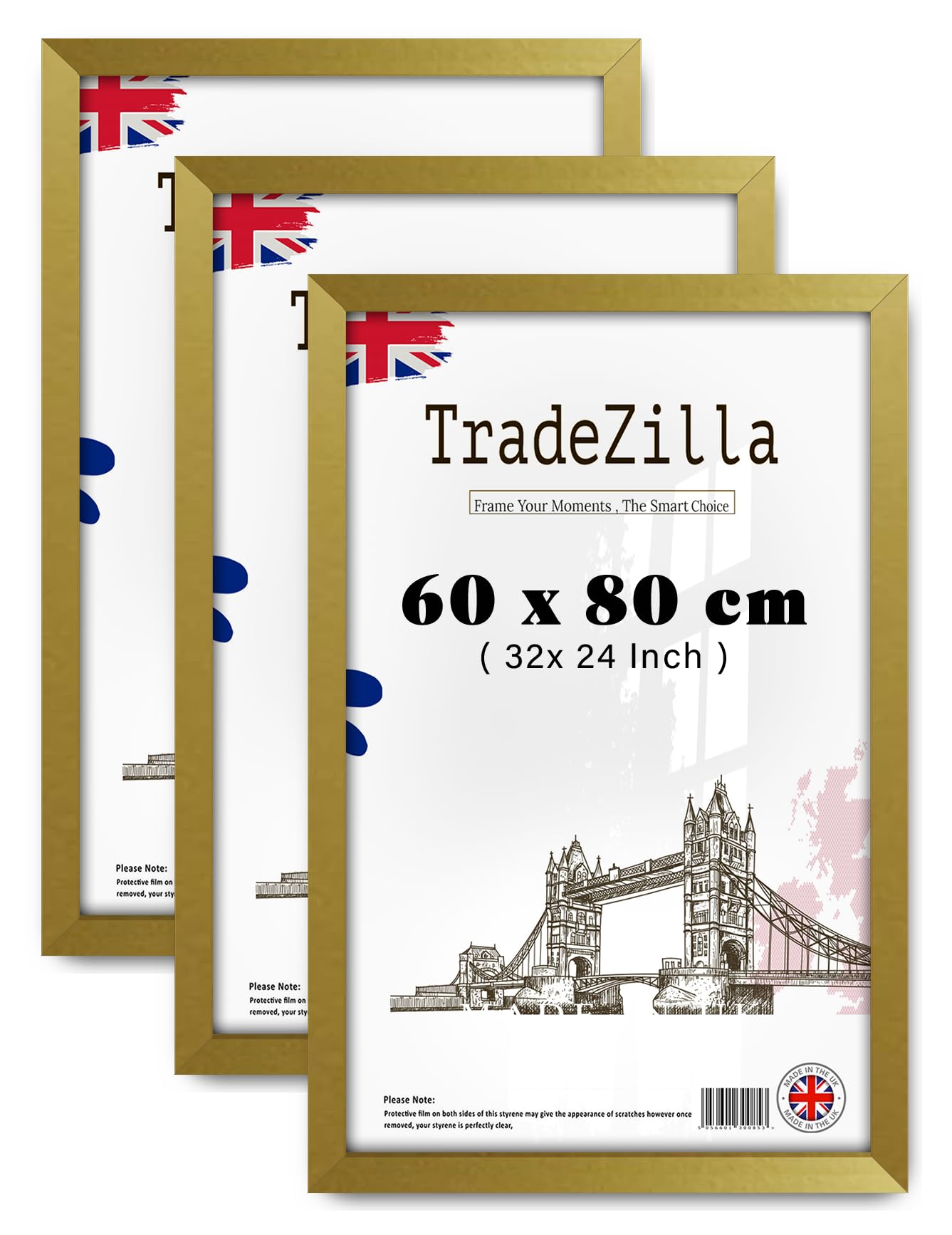 TradeZilla pack of 3 MDF Picture Frame (60 x 80 CM) Ideal for Wall Gallery, Art & Certificate Display, 600 x 800 mm MDF Engineered Wood, Ready to Hang [ Gold ]