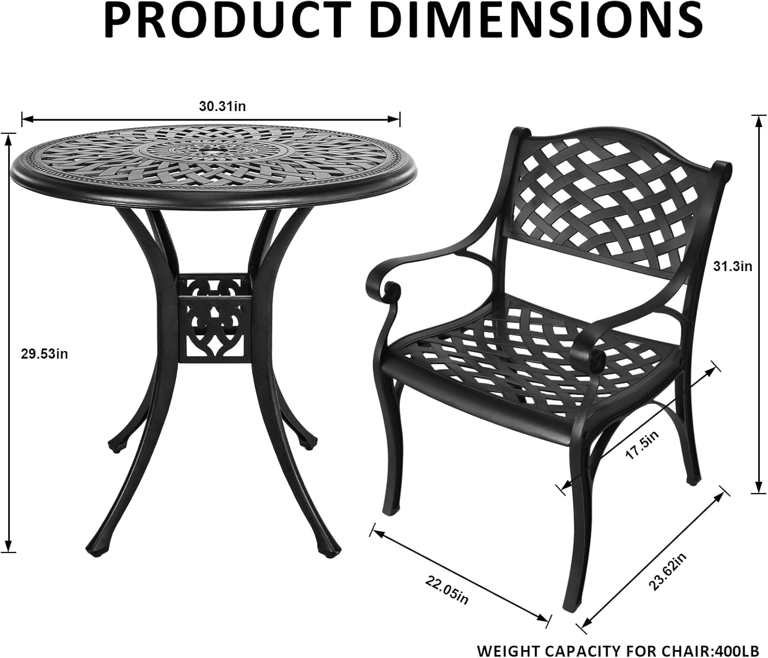 3 Piece Outdoor Dining Set,Cast Aluminum Bistro Set with Umbrella Hole, All Weather Patio Furniture Set, Small Patio Dining Set for Garden/Balcony/Deck, Black
