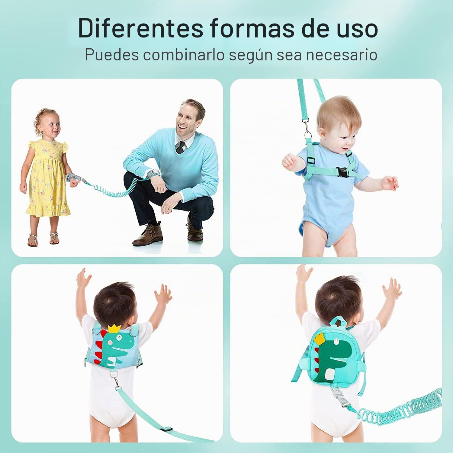 Correa para Niño, 4 en 1 Bebé Mochila Arnés de Seguridad Andador Chaleco Ajustable para Aprender Andar Niños, Correa de Muñeca Suave Elástica Caminando Correa Niños Paseo, Verde