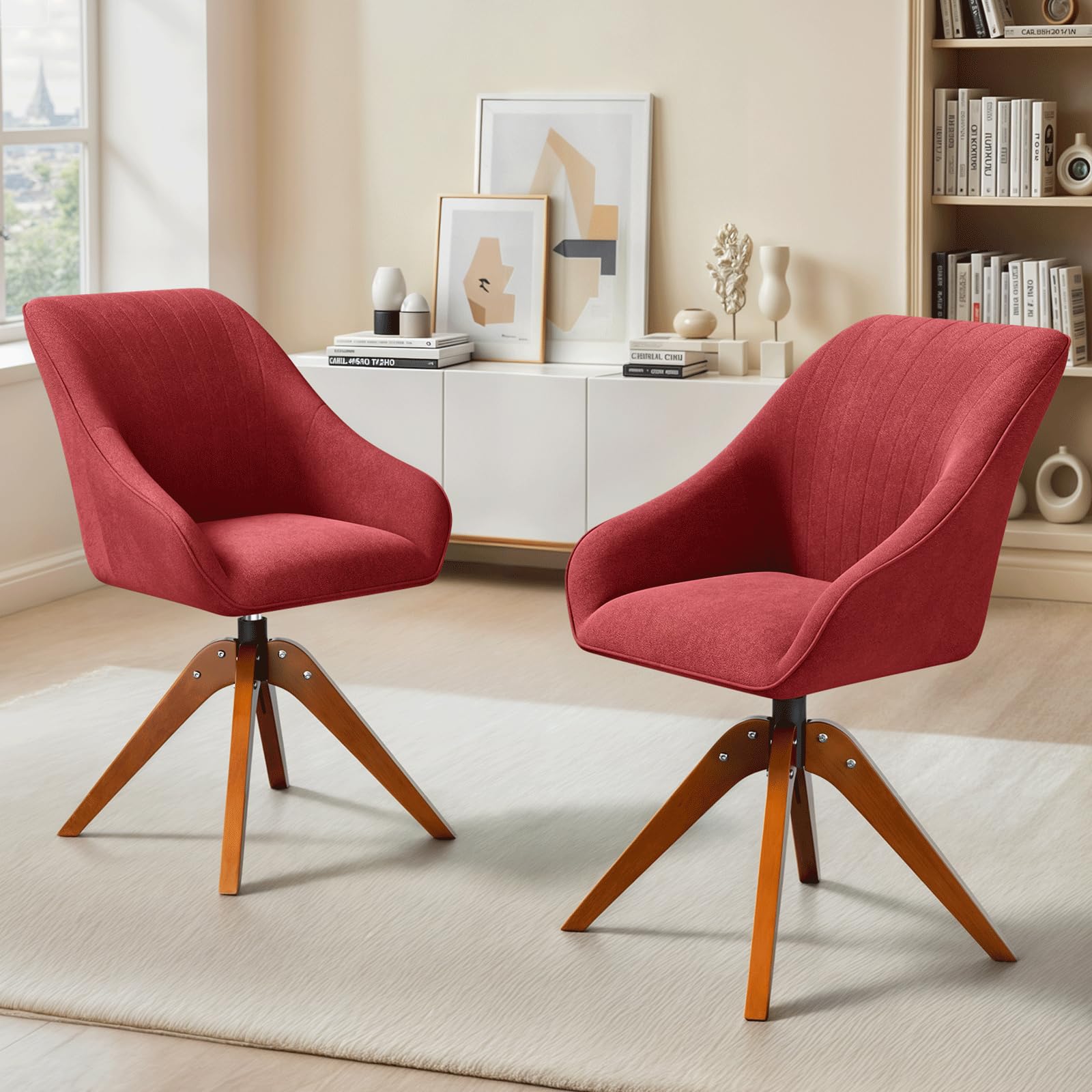 MoNiBloom Swivel Accent Chair, Mid Century Modern Armchair with Solid Wood Legs, Home Office Desk Chair No Wheels for Office, Living Room, Bedroom,