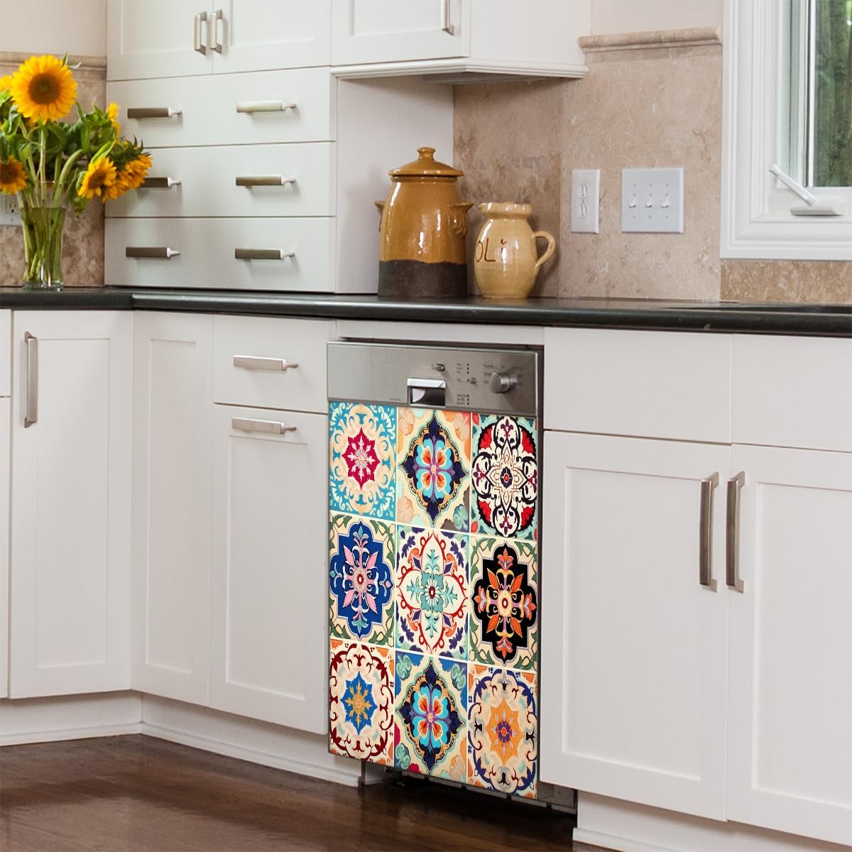 Dishwasher Magnet Cover Colorful Boho Ceramic Tile Reusable Dishwasher Magnetic Cover Sticker Decorative Dish Washer Door Cover Panel for Home Kitcen Appliance
