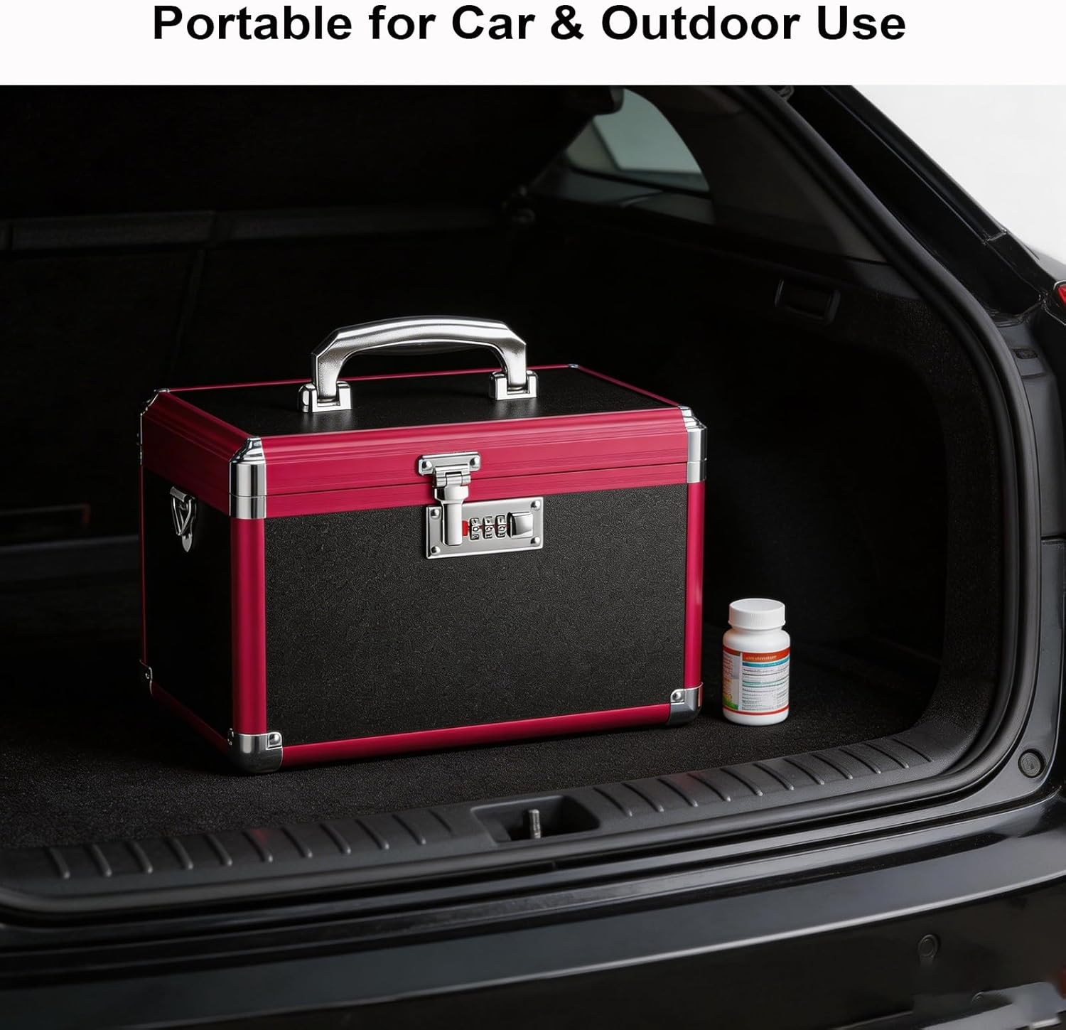 Medicine Lock Box with Combination Lock - 14" Hard Case First Aid Safe Medication Storage with Removable Tray & Pockets for Pills, Home, Car & Outdoor - Black Red