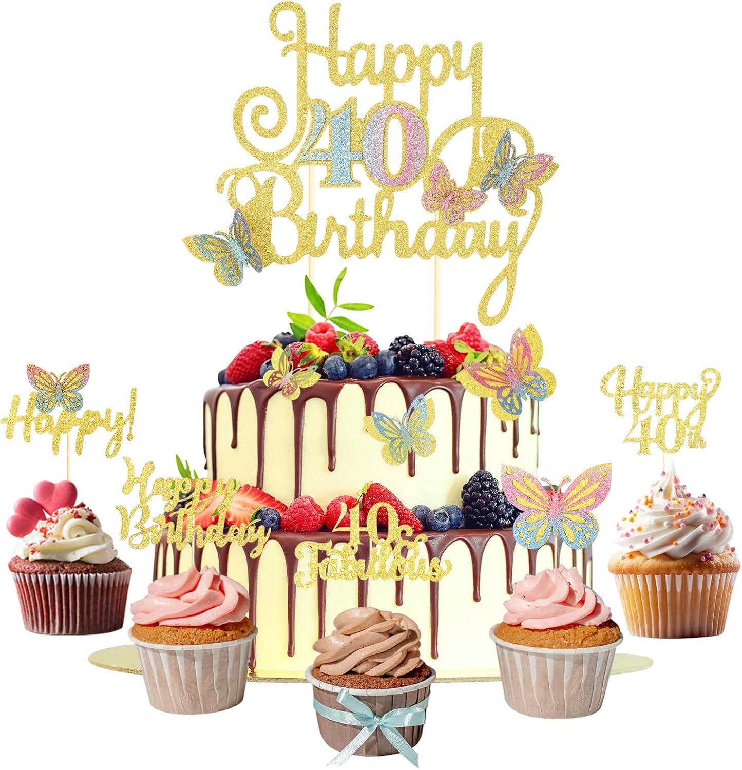 40th Happy Birthday Cake Toppers Gold Glitter 40th Birthday Decorations for Women 15 Pcs 3D Butterfly Cupcake Toppers 40th Birthday Anniversary Party Decorations Supplies