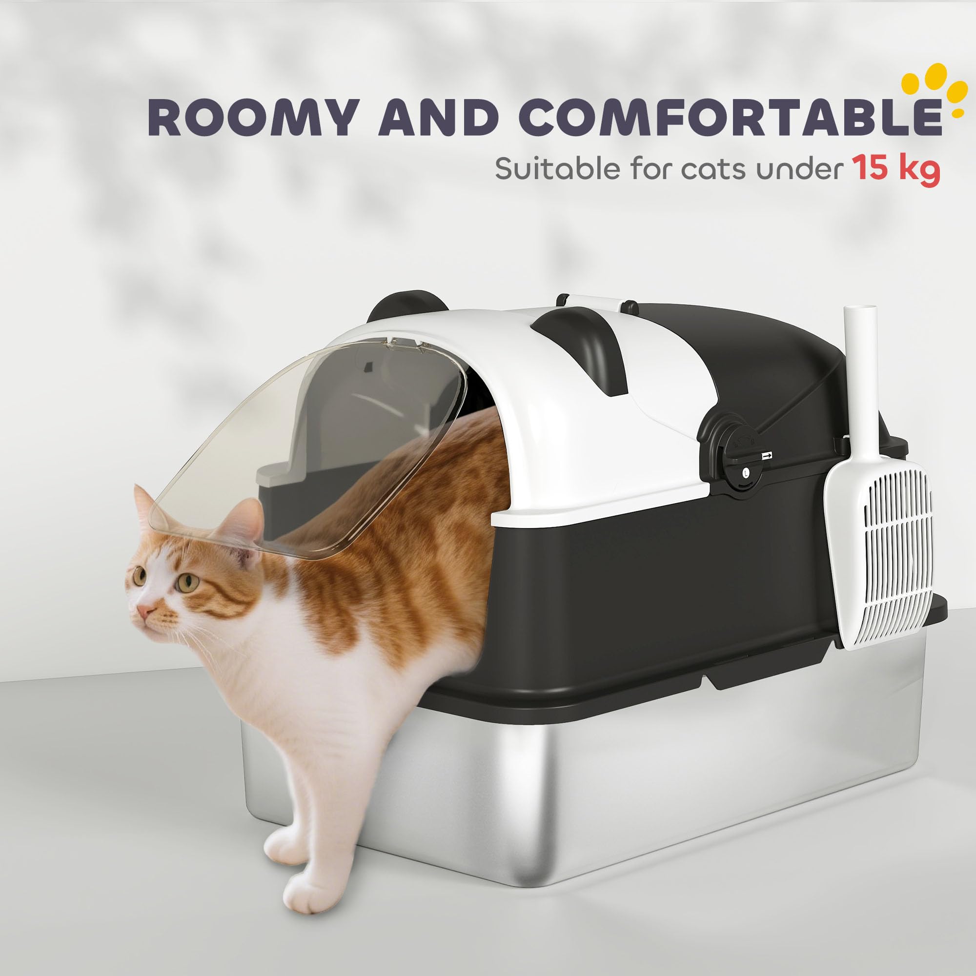 PawHut XL Bandeja Sanitaria de Acero Inoxidable con Tapa, Bandeja Sanitaria Extra Grande con Pala y Tapa abatible 180°, antifugas, Antiadherente, antiolor, fácil de Limpiar, para Gatos Grandes,