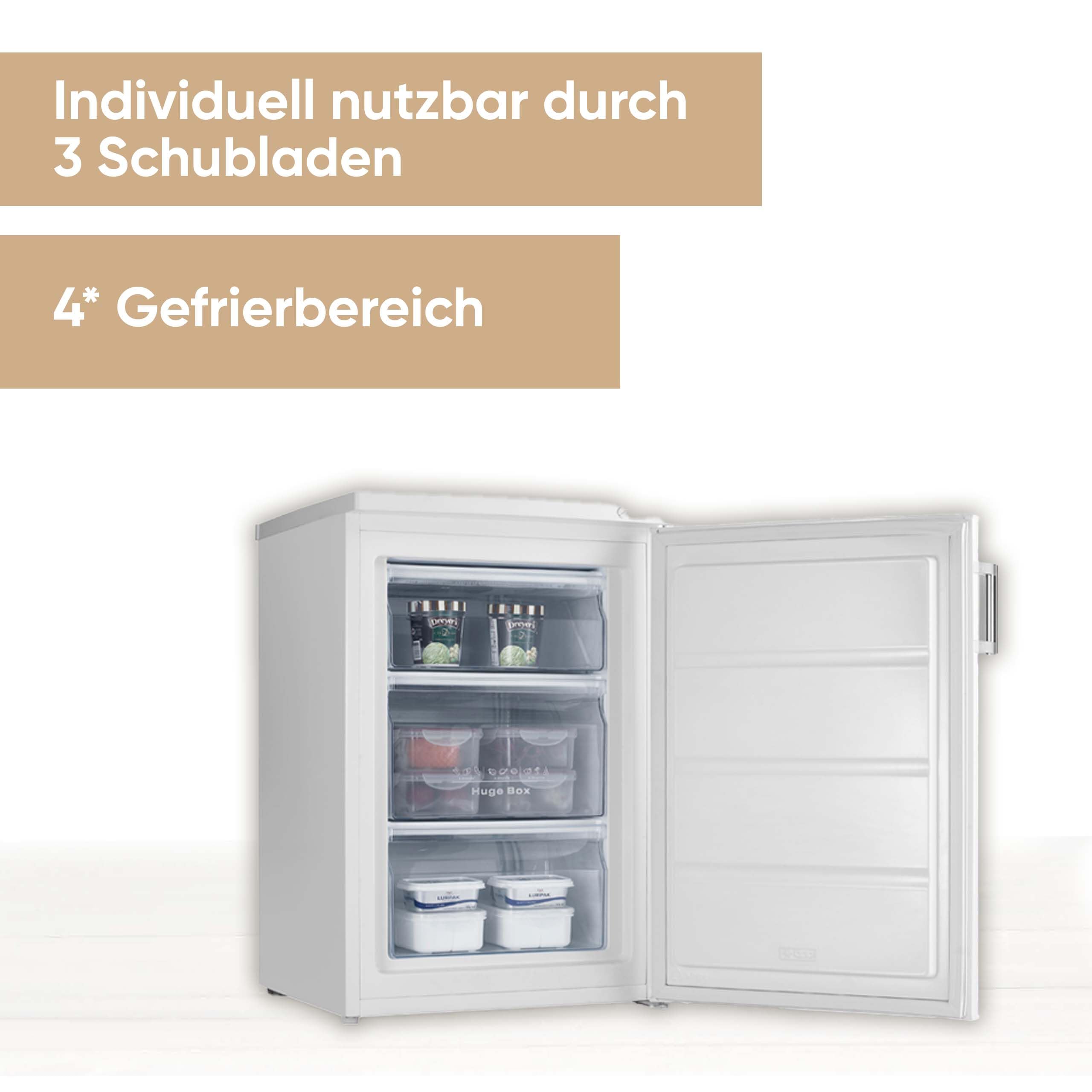 SEVERIN Tischgefrierschrank mit 4 * Gefrierfach, Gefrierbox mit drei Gefrierschubladen, kleine Tiefkühltruhe ideal als Zweitgerät, 85 L Nutzinhalt, nur 38 dB, weiß, GS 8865 (EEK C)