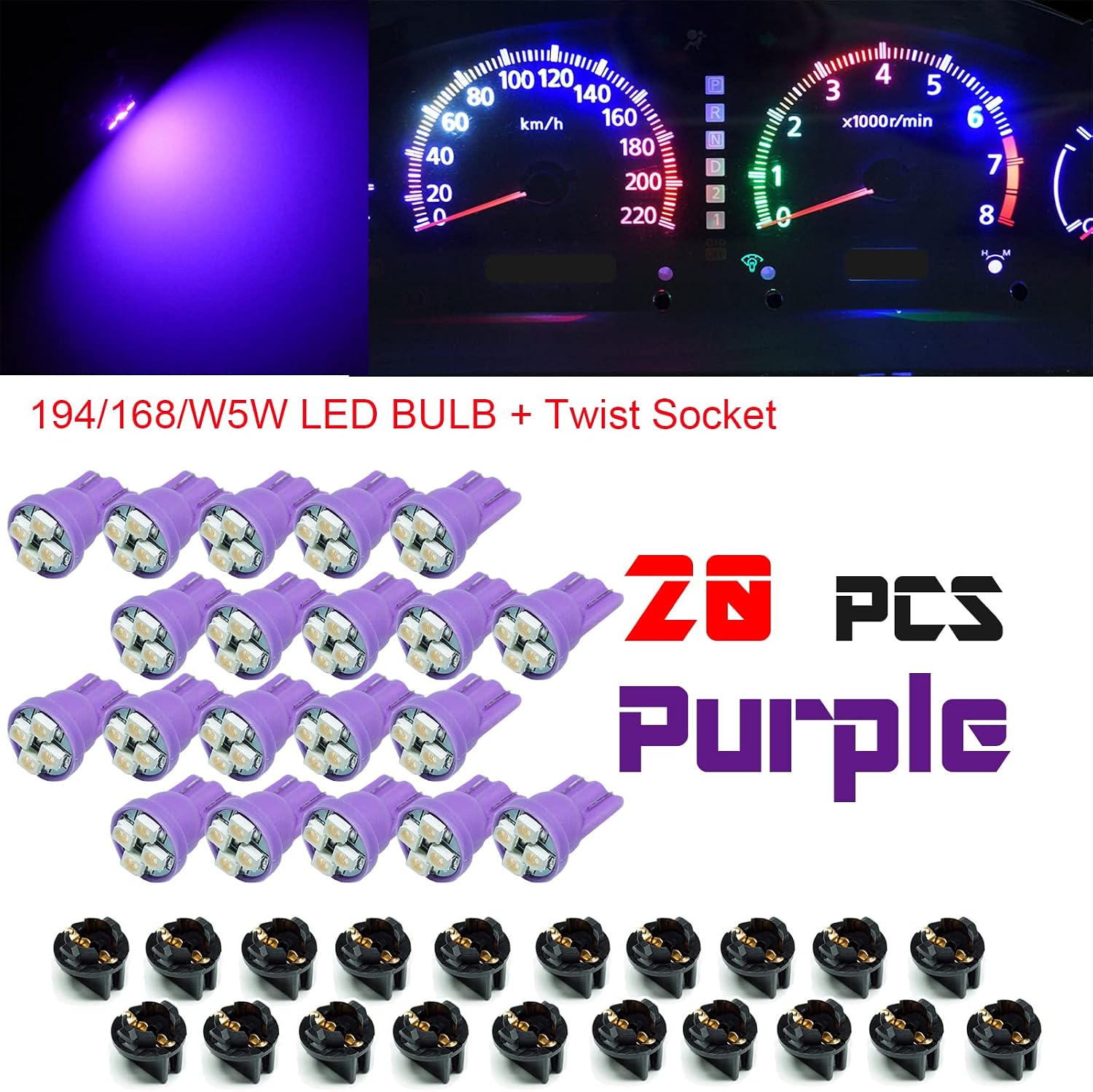 PA LED 20PCS T10 168 194 Led instrument Panel Dash Light Bulb 1/2" Twist Lock Socket -12V (Purple)