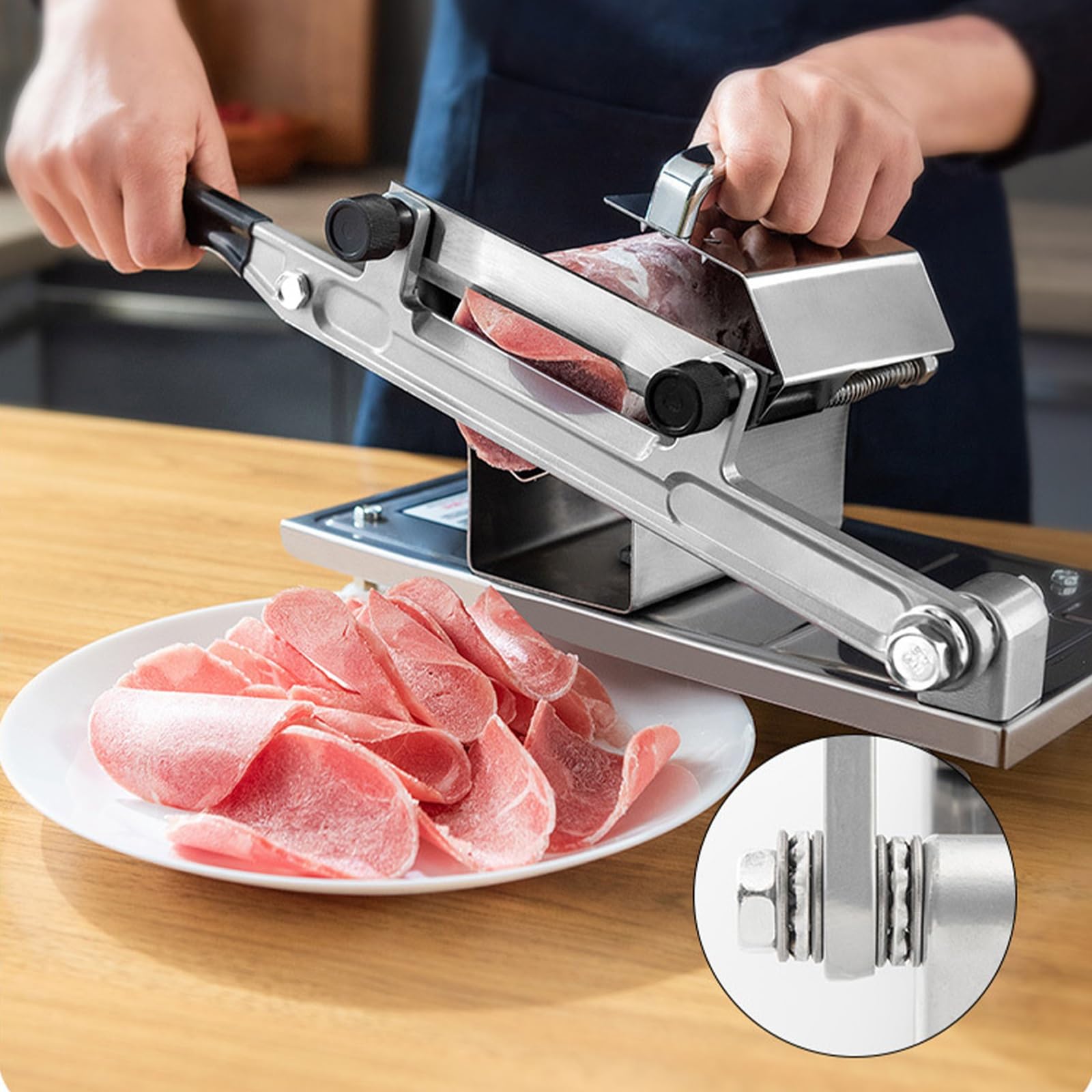 Vnook Fleischschneider mit Grif, Edelstahl Fleischschneide Werkzeug, Hammelfleisch Allesschneider, mit Dickeneinstellknopf, Manuell, für Restaurant Haushalt Gastro
