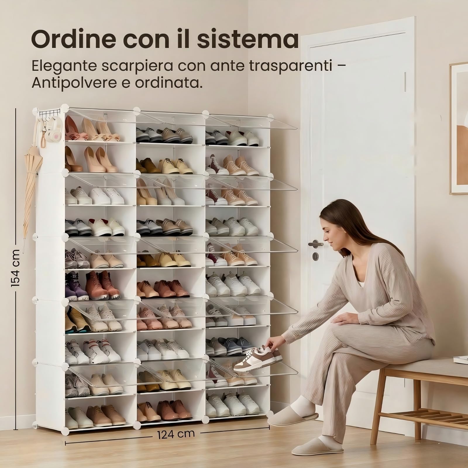 Scarpiera salvaspazio a 30 scomparti con porta, scarpiera modulare in plastica chiusa bianca, mobile per scarpe ingresso fai da te per corridoio camera da letto