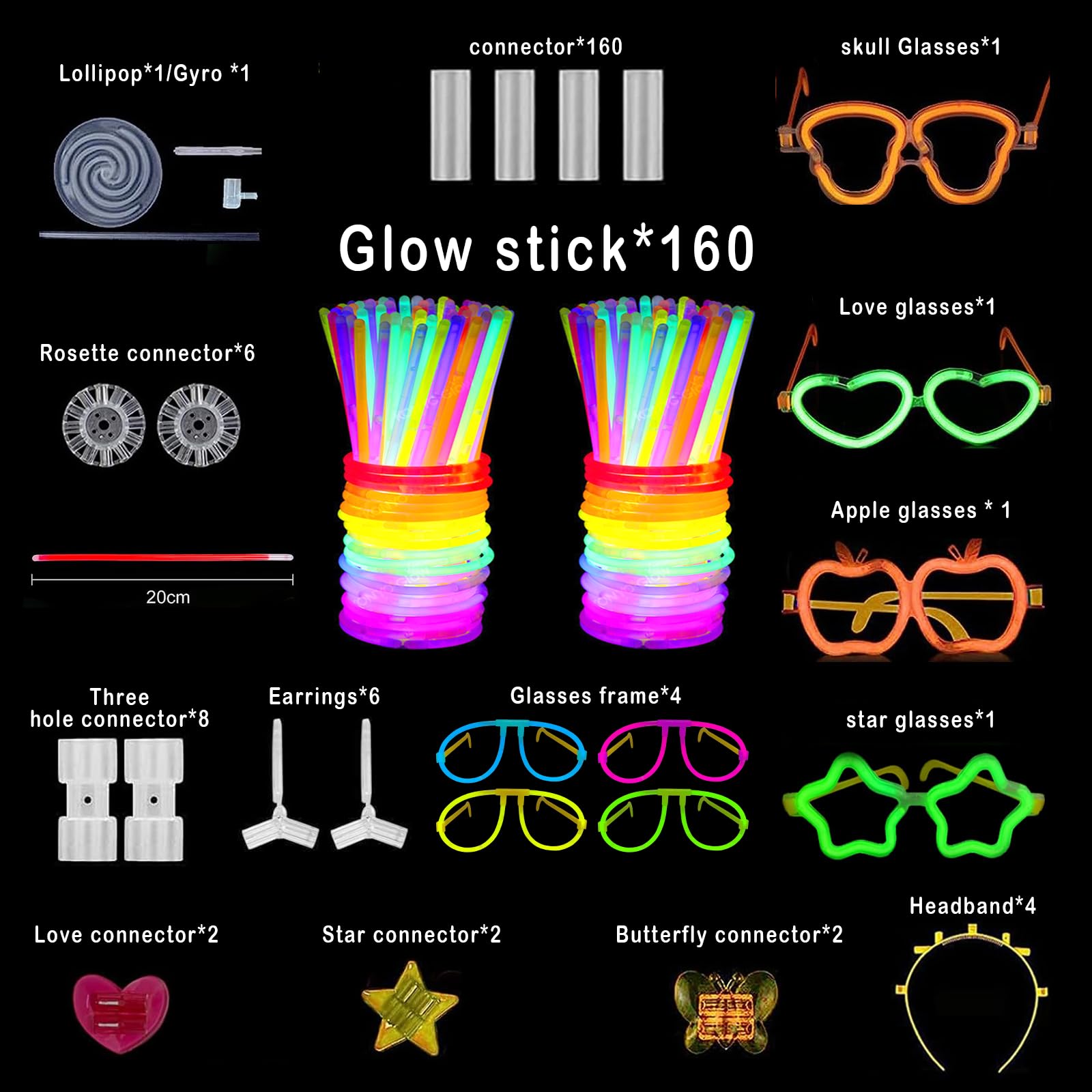 Kit 360 Pièces Bâtons Lumineux Fluorescents Avec Bracelets, Lunettes Et Accessoires - Parfait Pour Fêtes, Noël Et Soirées Enfants & Adultes