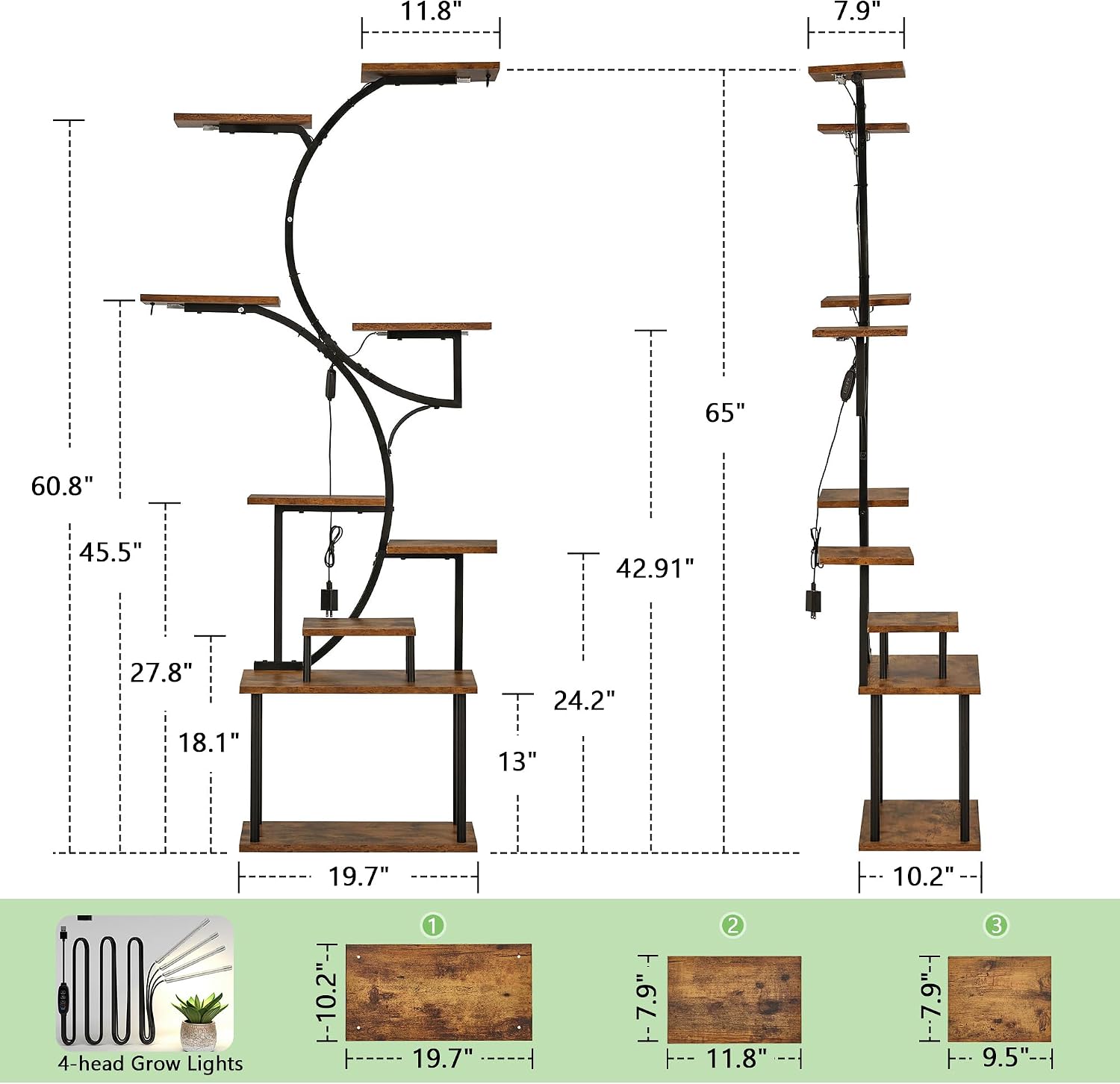 VECELO 66.1" Tall Plant Stand Indoor with Grow Lights, 9-Tier Plant Shelf with Hanging Hooks, S-Shaped Metal Plant Rack, Space-Saving for Home, Living Room & Corner Spaces, Brown